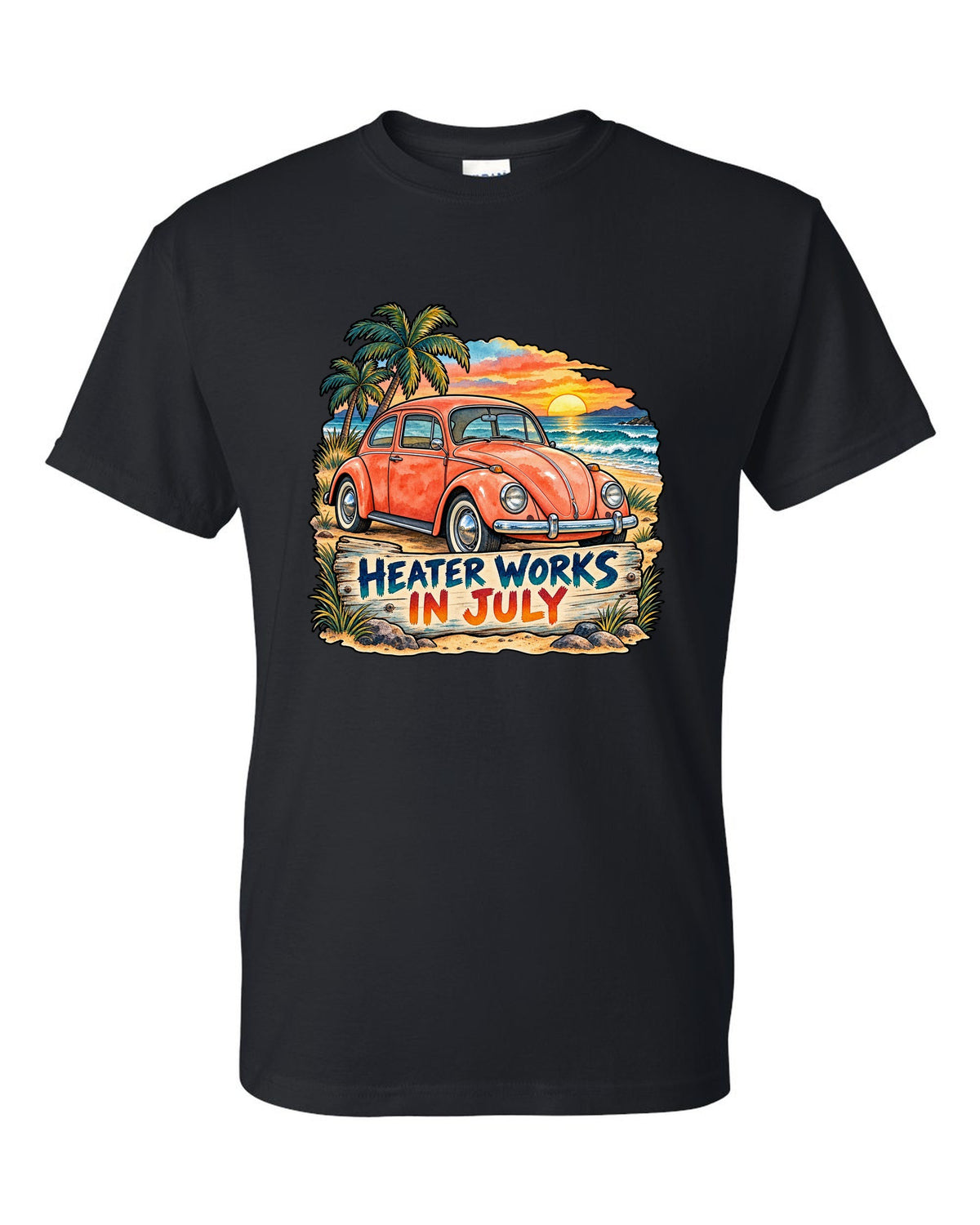 Watercolour sunset beach scene with a 1960s VW Beetle Type 1 and heater works in July text black t-shirt front view with the design