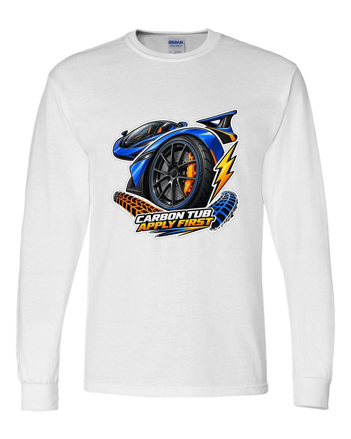 Sticker-bomb collage print for the 2017-2022 Ford GT with carbon tub text white long sleeve front view with the design