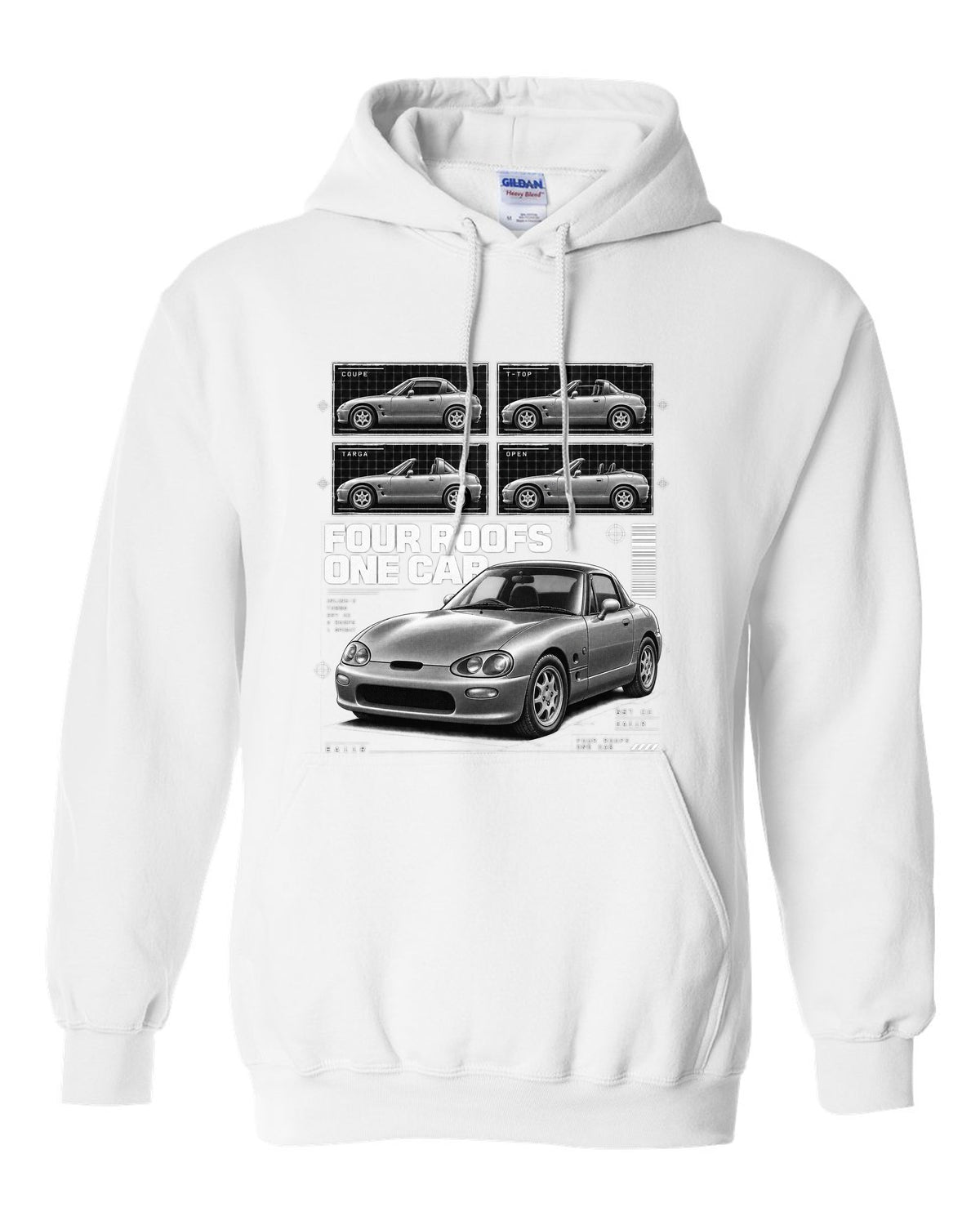 Dossier panel print of a Suzuki Cappuccino EA11R kei roadster white pull over hoodie front view with the design