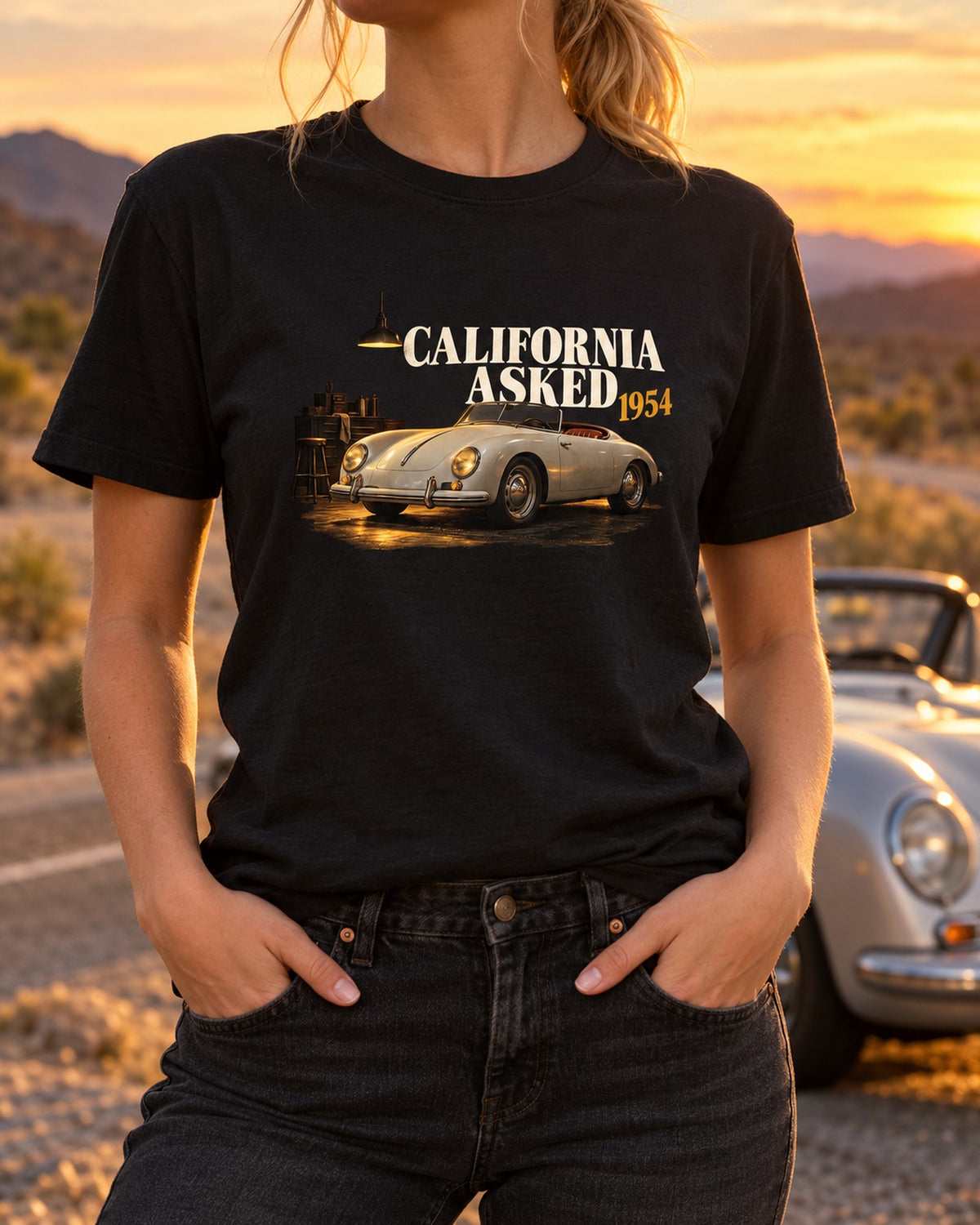 California Asked, Porsche 356 A Speedster 1954 Garage Tee T-Shirt Black worn hero