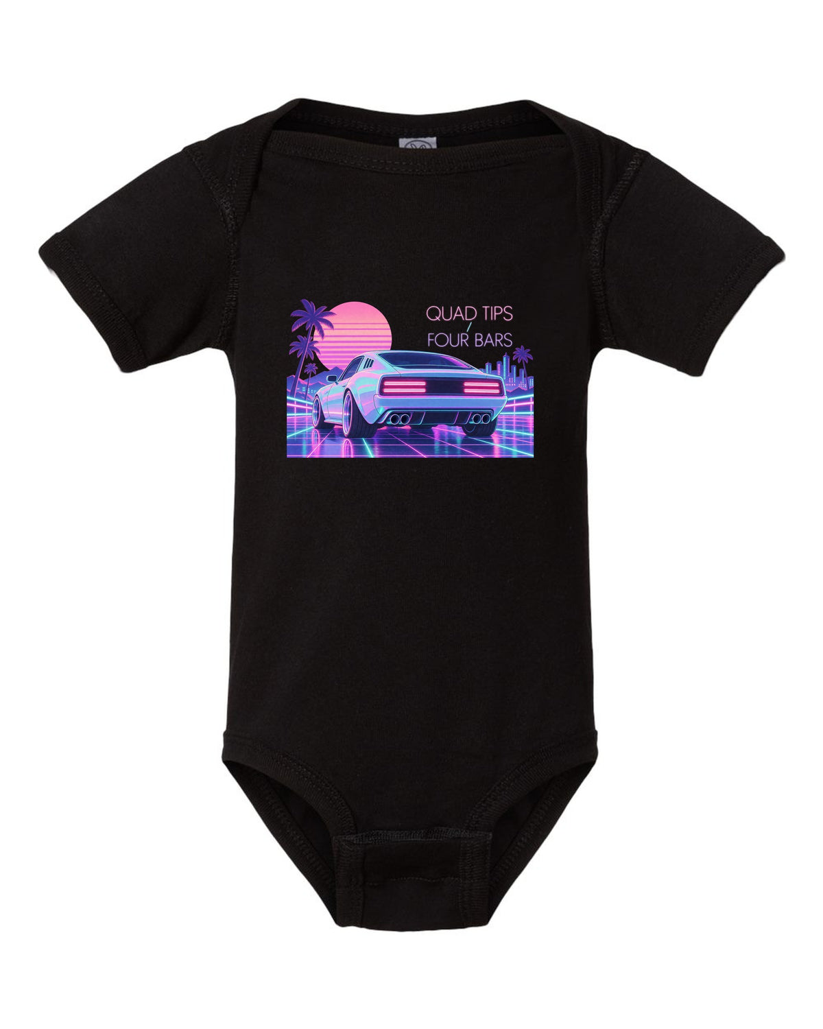 Kia Stinger GT CK vaporwave pastel rear view print with quad tips and four bars text black baby onesie front view with the design
