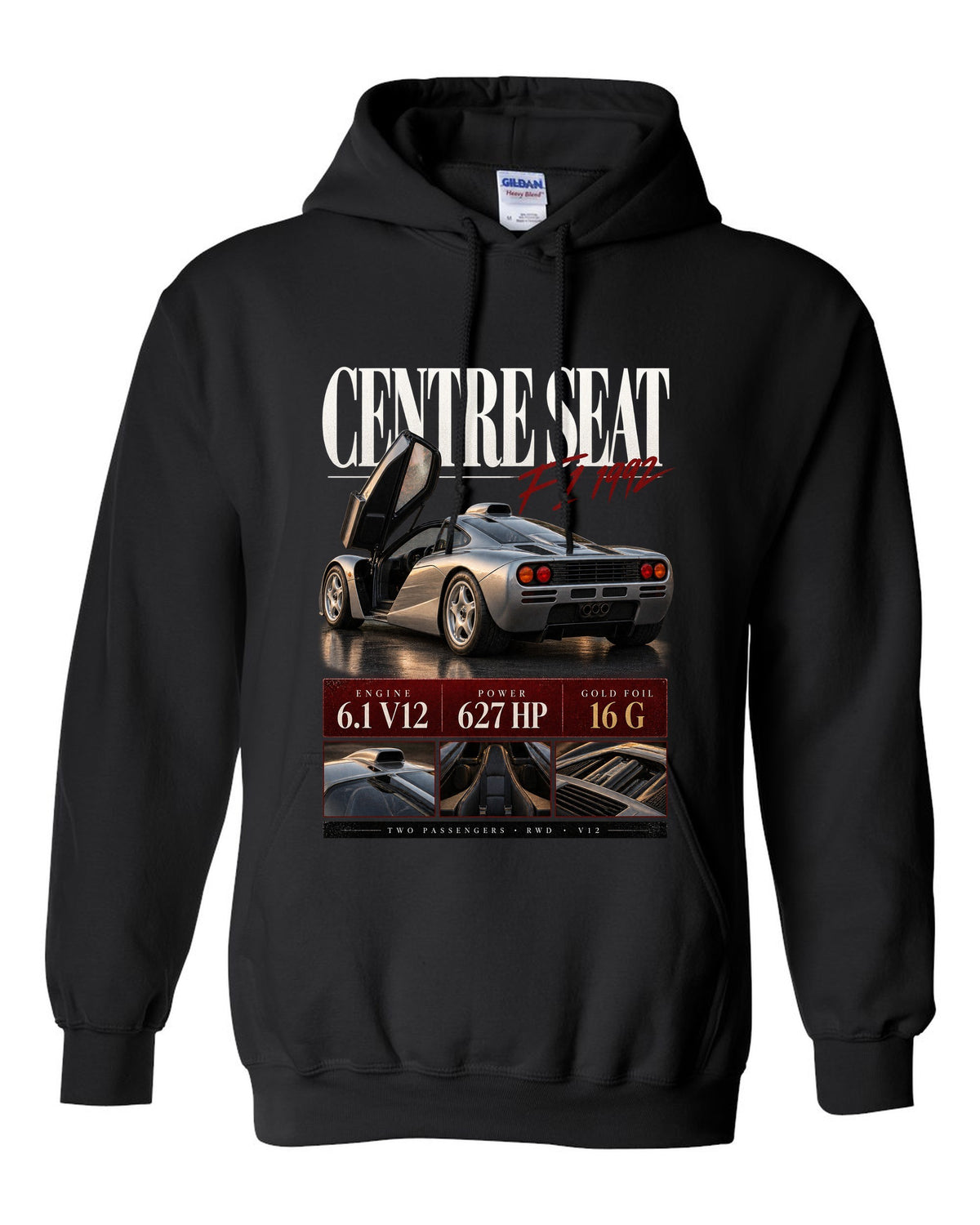 Archive panel print of the 1992 McLaren F1 with centre driving seat and V12 specification text black pull over hoodie front view with the design
