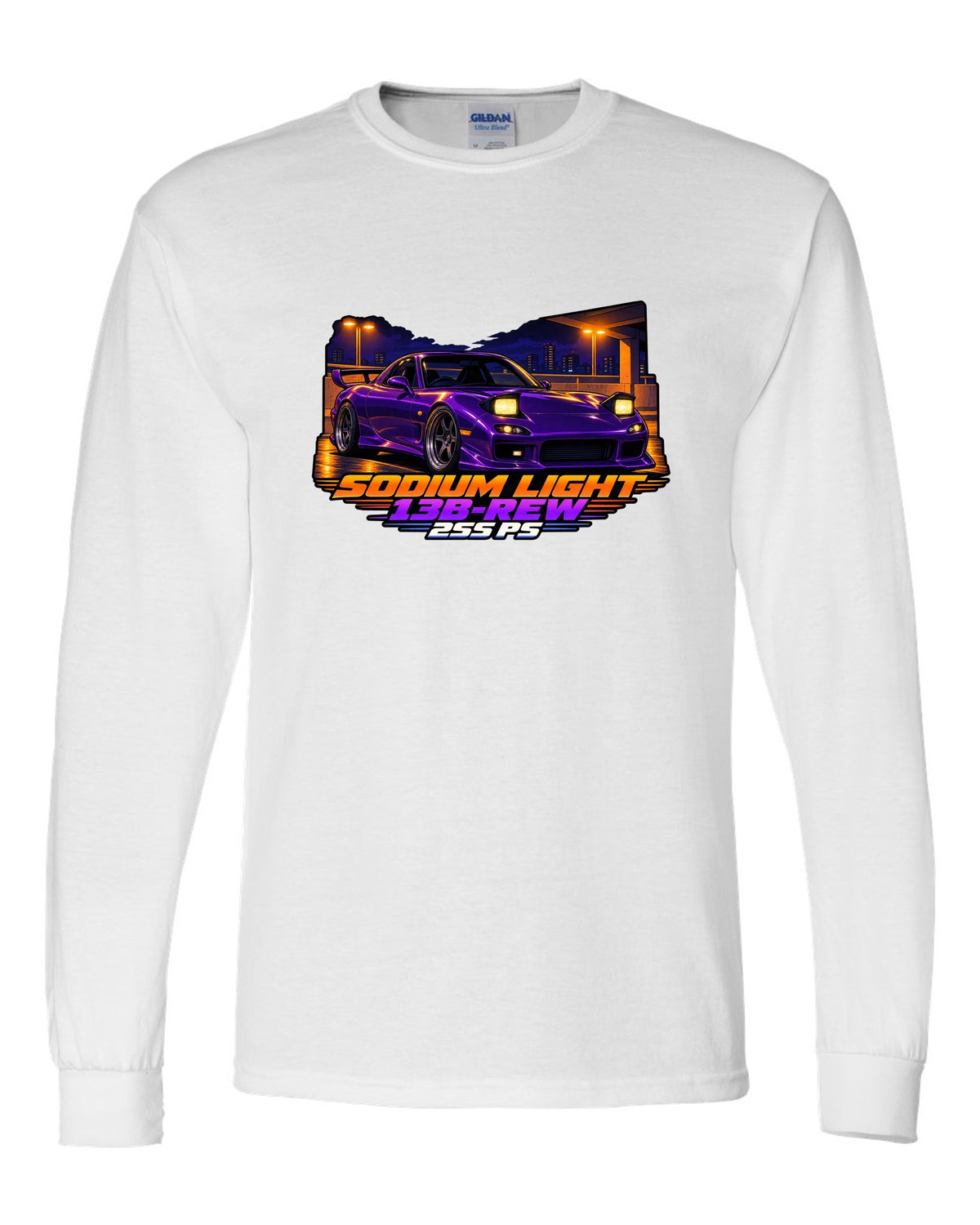 Cel-shaded 90s anime night print of a Mazda RX-7 FD3S with text Sodium Light, 13B-REW, 255 PS white long sleeve front view with the design