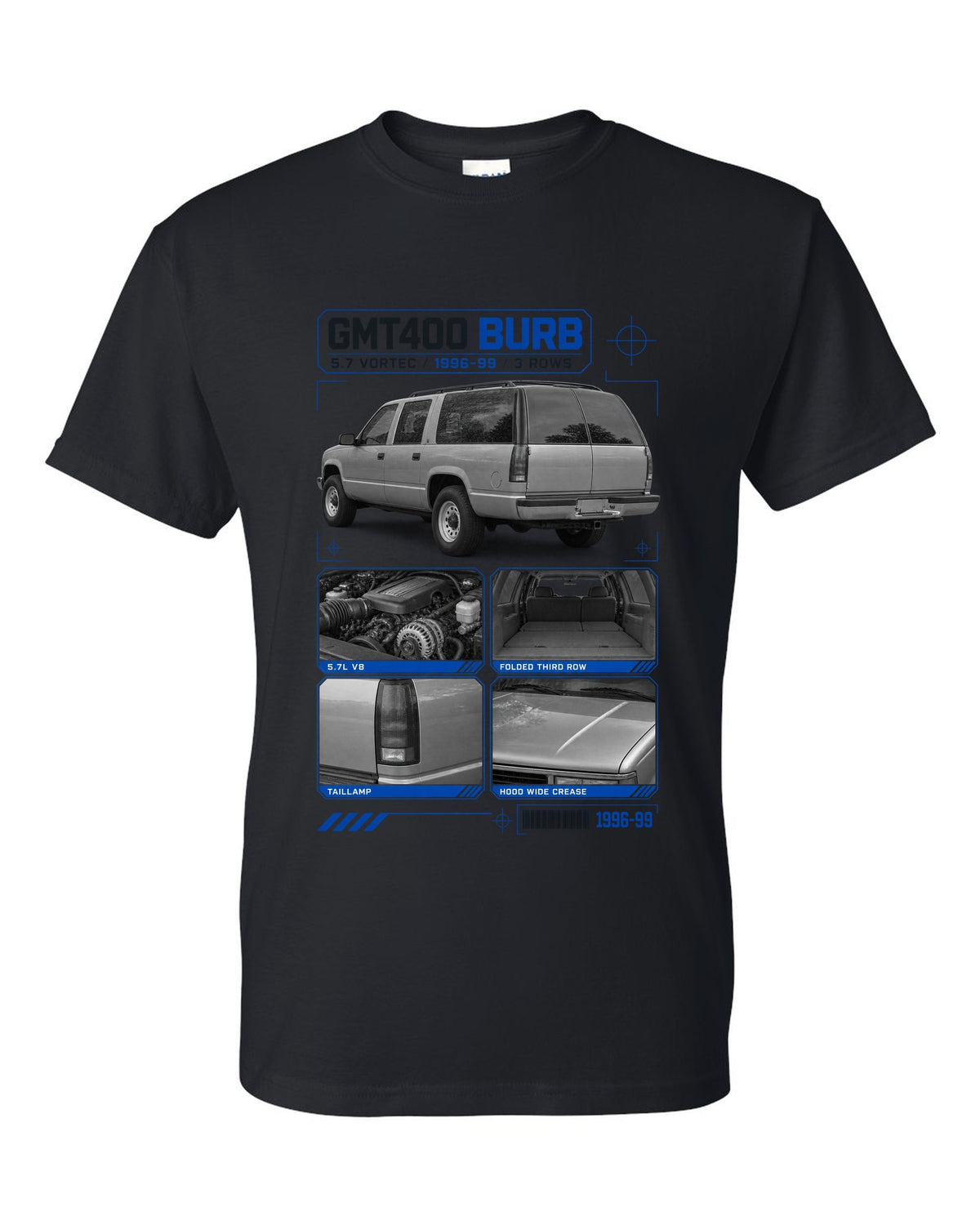 Dossier print of a 1992-99 Chevrolet GMT400 Suburban in a rear three-quarter view black t-shirt front view with the design