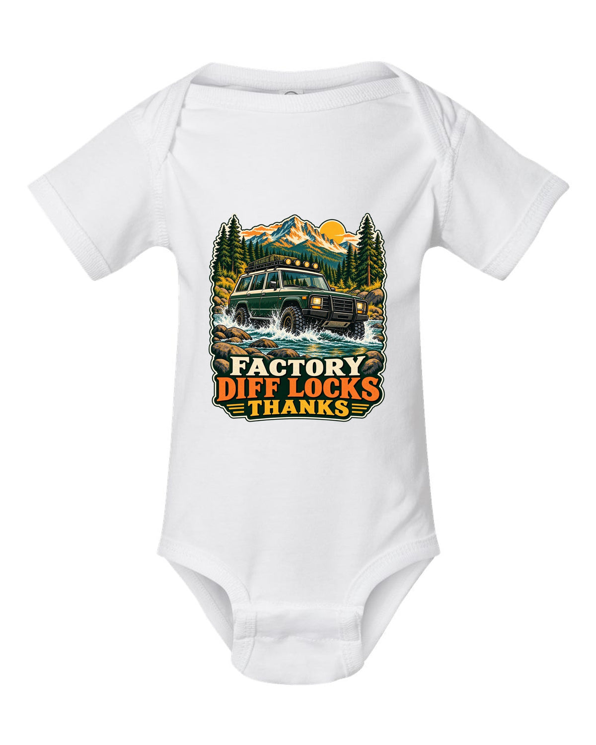 Retro national park poster of a Toyota Land Cruiser FZJ80 crossing a river with diff locks lettering white baby onesie front view with the design
