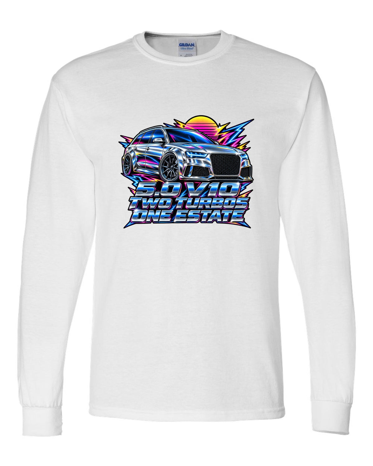 80s airbrush chrome design of the Audi RS6 Avant C6 4F with 5.0 V10 two turbos one estate lettering white long sleeve front view with the design