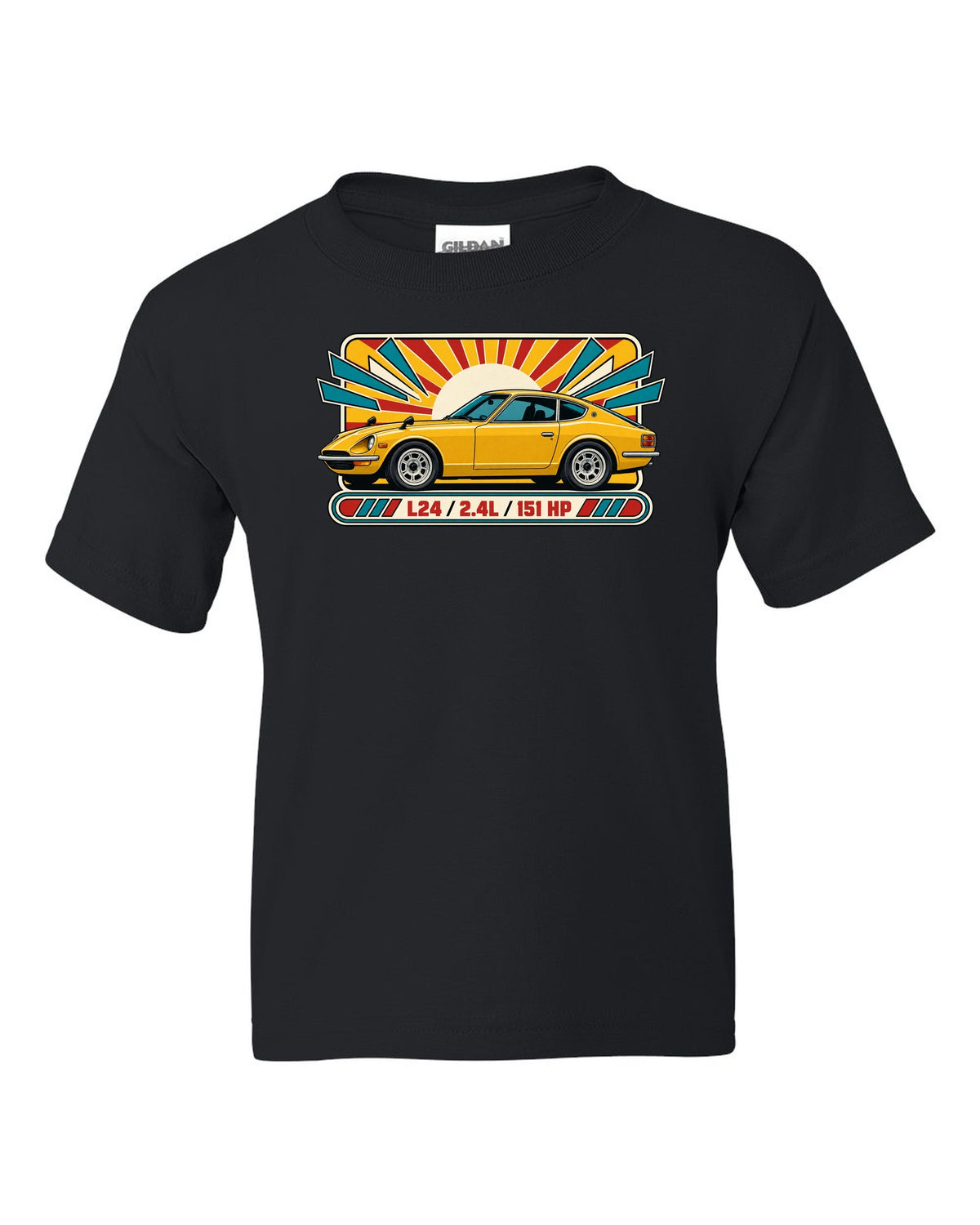 Retro 1970s catalogue ad print of the Datsun 240Z S30 with L24 2.4L 151 HP lettering black kids tee front view with the design