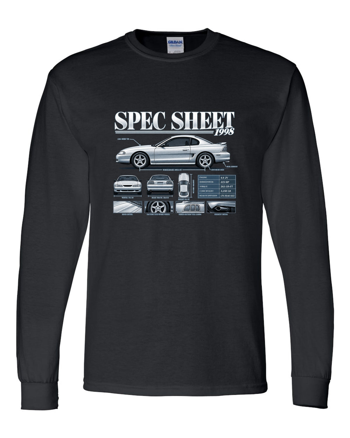 Spec sheet poster print of a 1998 SN95 Ford Mustang GT coupe black long sleeve front view with the design