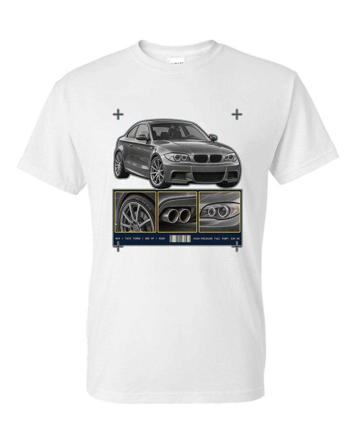 BMW 135i E82 coupe dossier panel print with N54 specs white t-shirt front view with the design