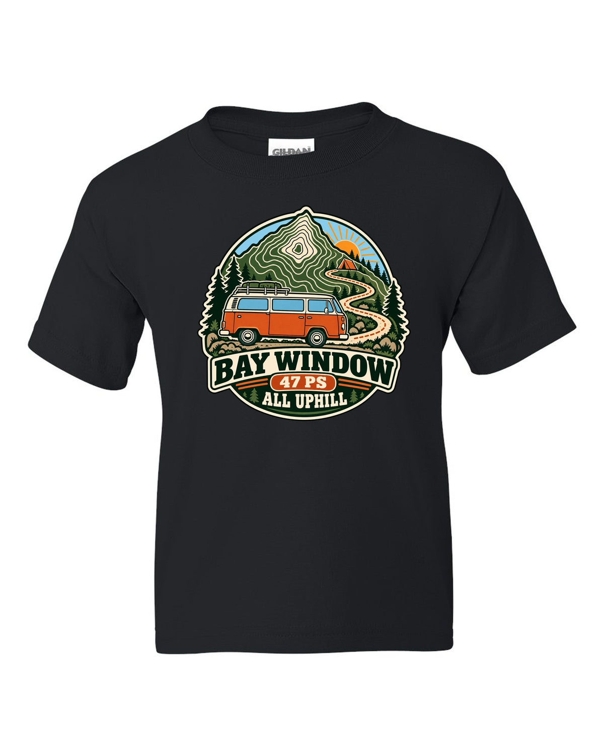 Topographic route map style print of a VW Bus T2 Bay Window with 47 PS all uphill text black kids tee front view with the design