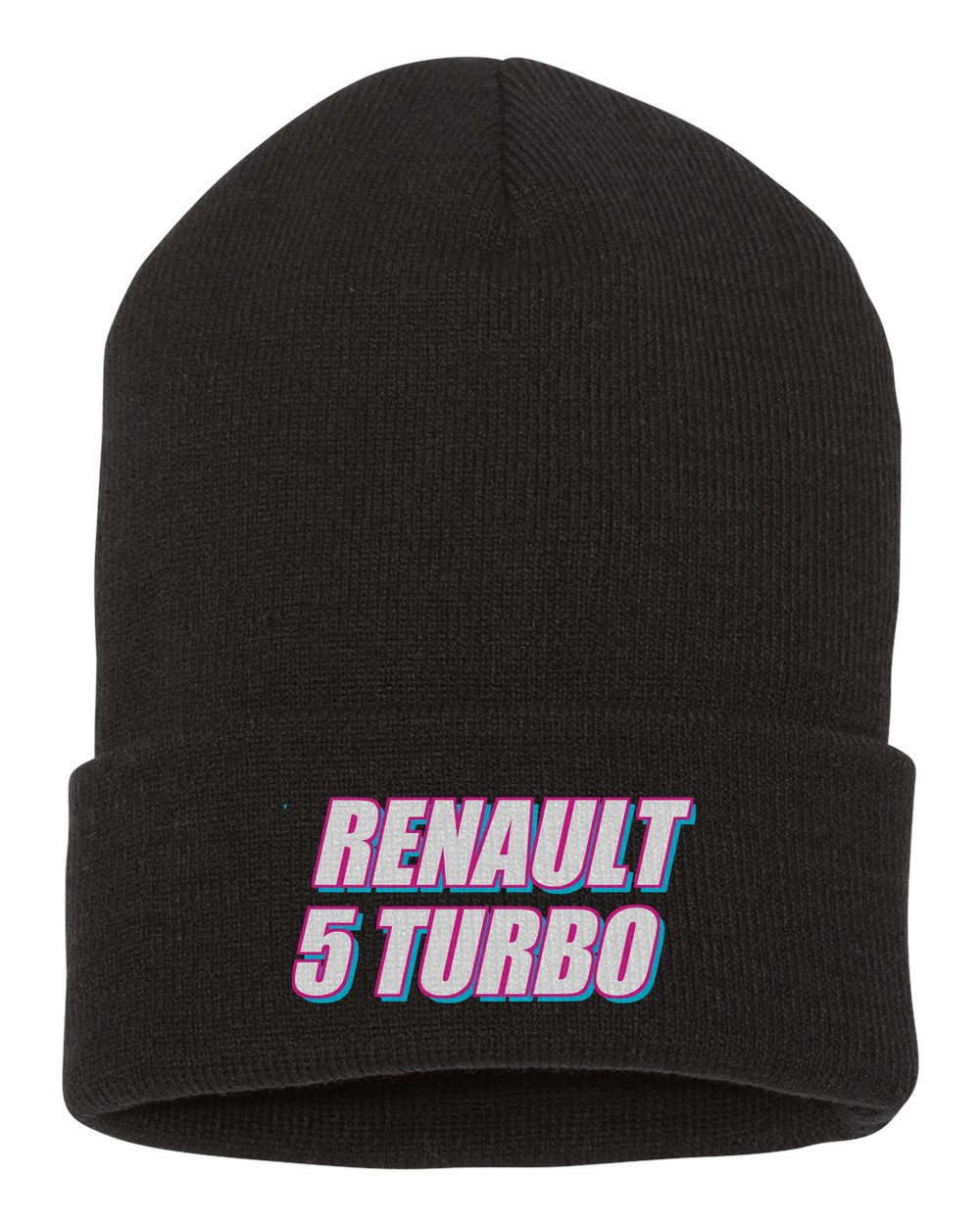 Renault 5 Turbo black beanie front view with car name