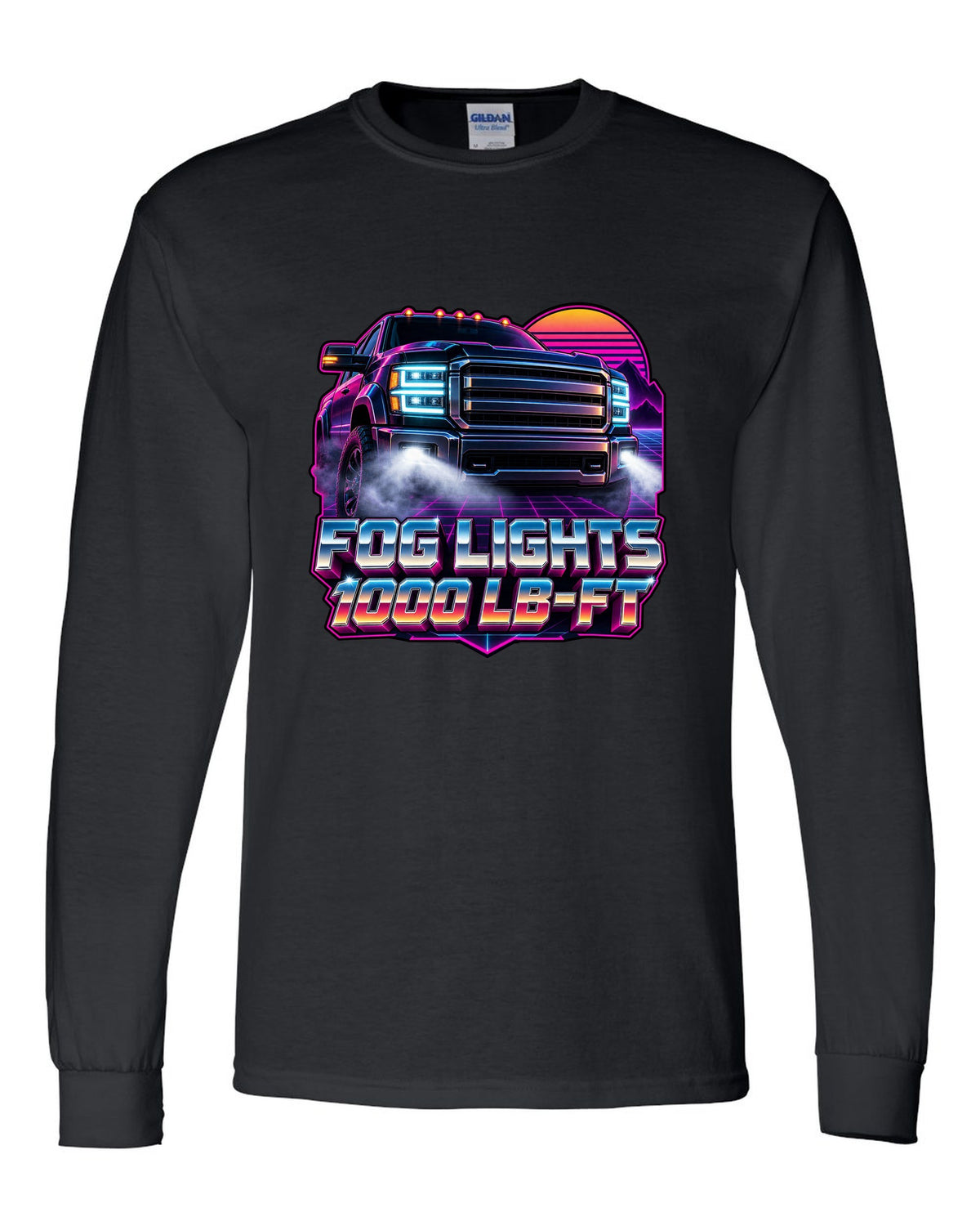 Neon synthwave grid print of a 2019-2024 Ram HD 2500 with the 6.7 HO and 1000 lb-ft text black long sleeve front view with the design