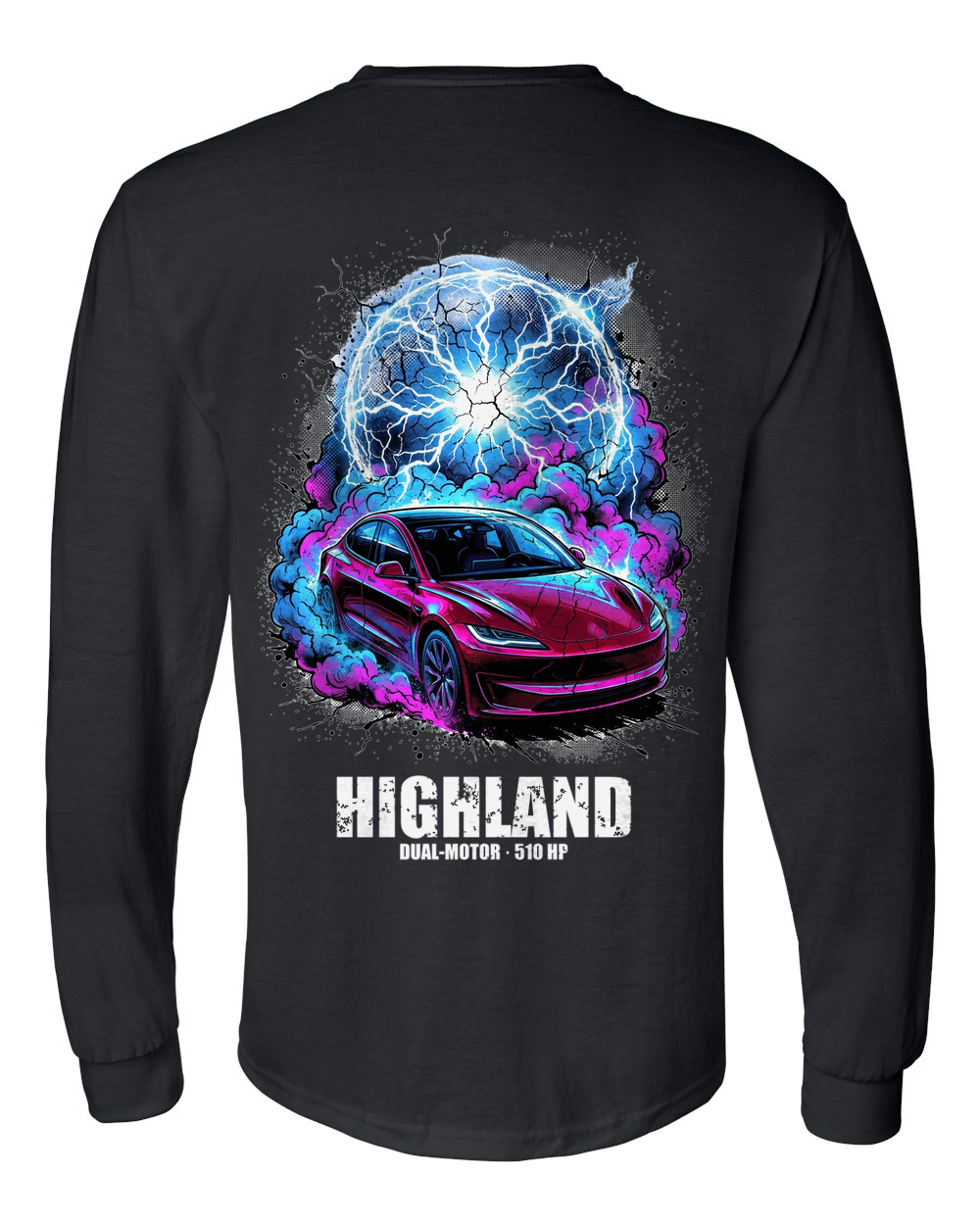 Tesla Model 3 Highland Long Sleeve T-Shirt — Black back