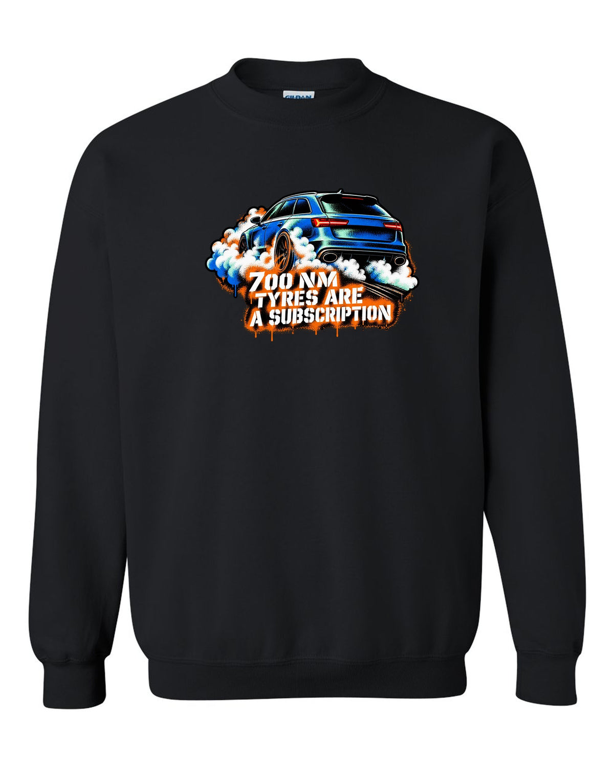 Stencil spray street art design of the Audi RS6 Avant C7 4G with 700 Nm and tyres are a subscription lettering black crewneck front view with the design