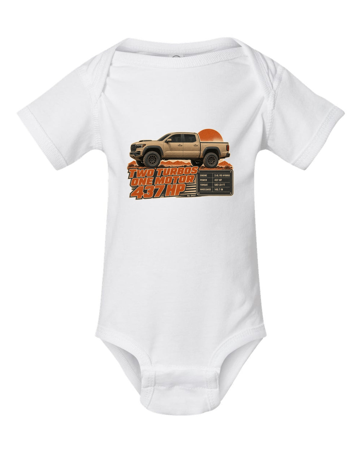 Toyota Tundra TRD Pro i-FORCE MAX hybrid spec poster design white baby onesie front view with the design