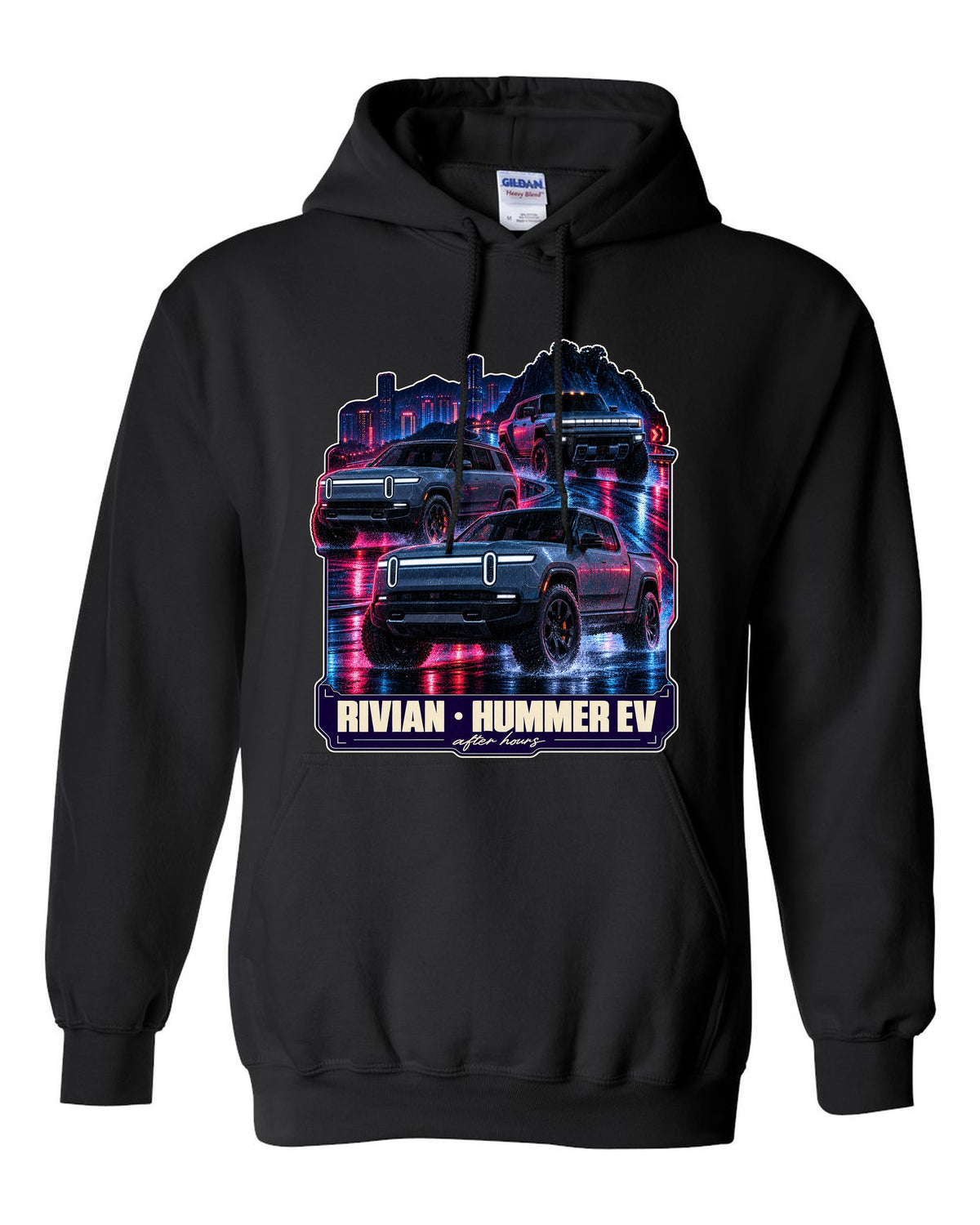 Night street print of the Range Rover Sport SV L461 on a wet road at 2 AM black pull over hoodie front view with the design