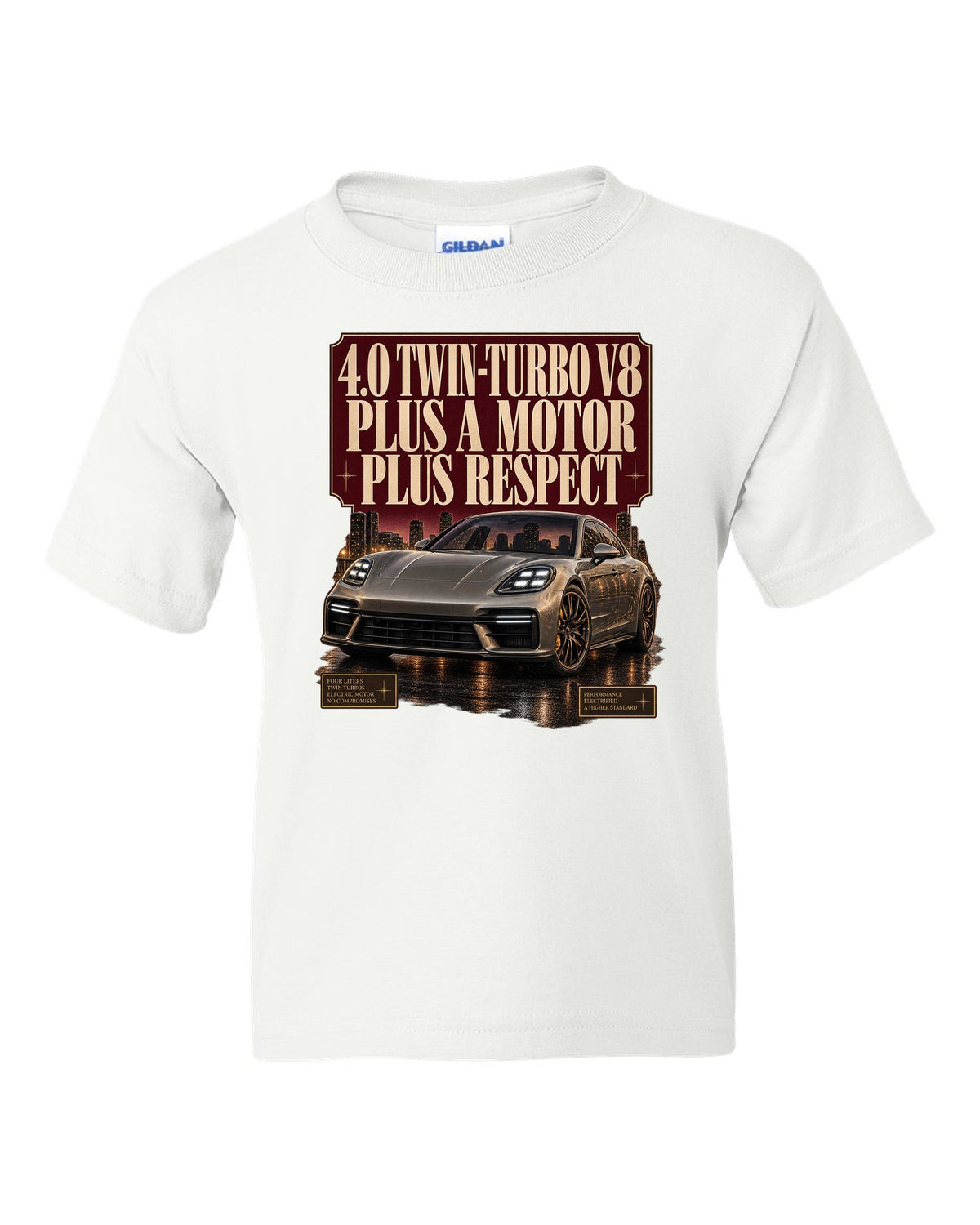 Editorial headline print of a low front three-quarter Porsche Panamera Turbo S E-Hybrid G3 at dusk white kids tee front view with the design