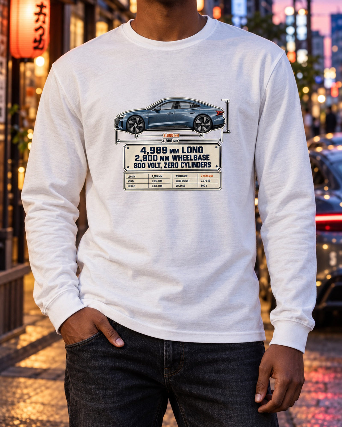 Audi RS e-tron GT J1 Dimension Blueprint Shirt, EV Car Guy Tee Long Sleeve White worn hero