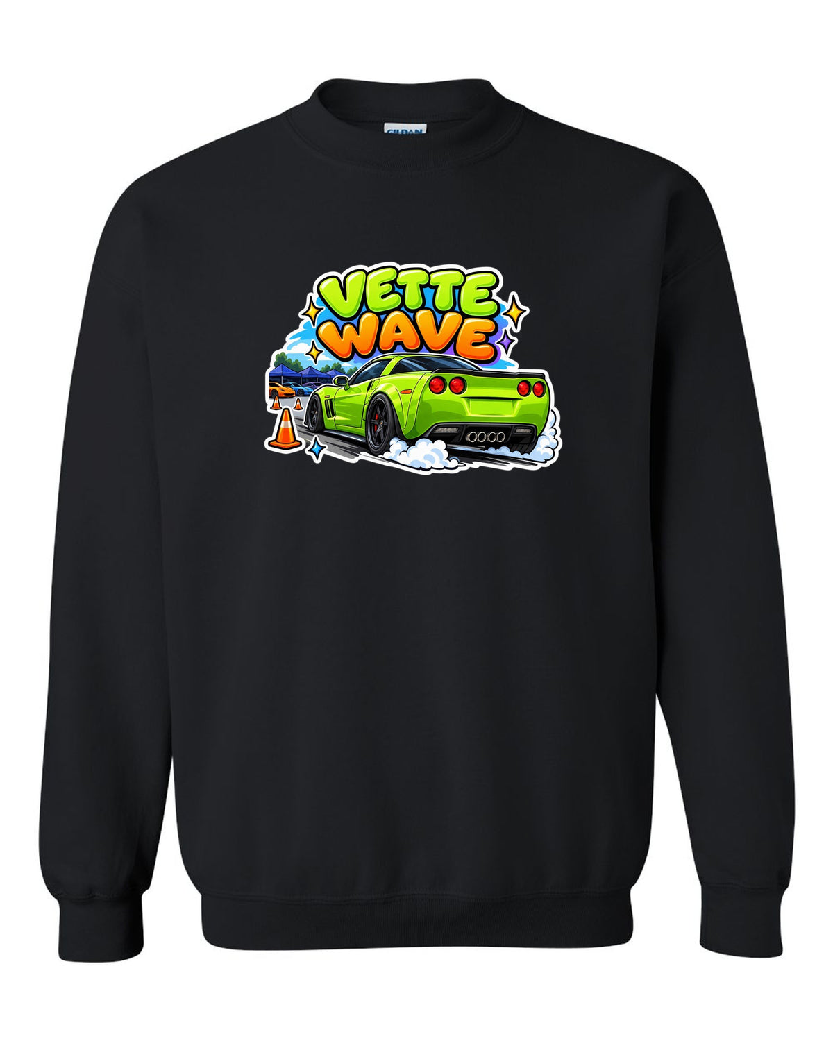 Cartoon sticker sheet print of a 2008 Chevrolet Corvette C6 Z06 with Vette Wave lettering black crewneck front view with the design