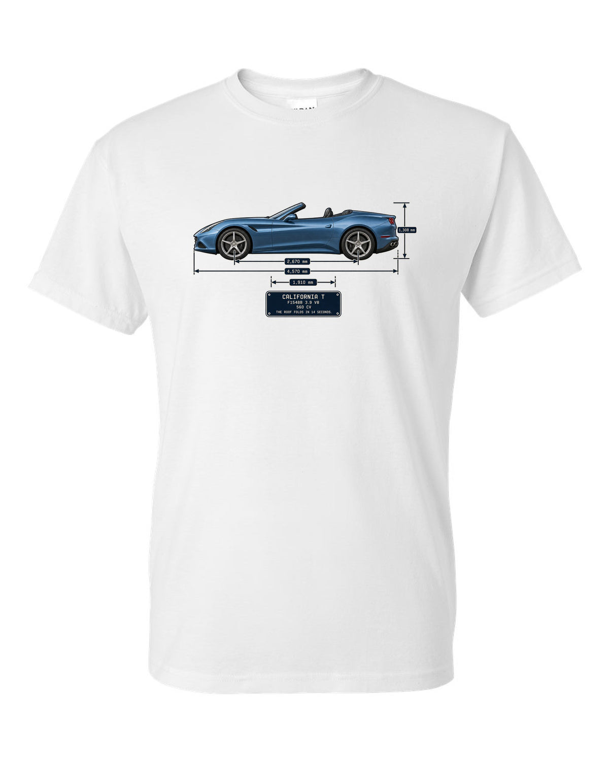 Dimension blueprint print of the Ferrari California T with roof folded white t-shirt front view with the design