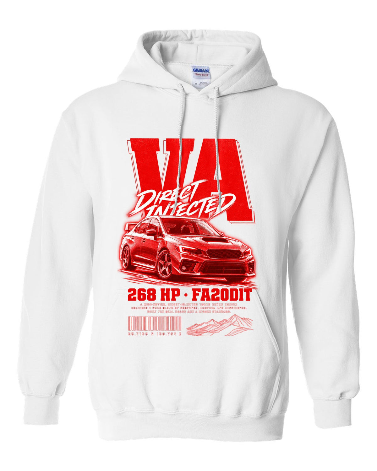 Street poster print for the Subaru WRX VA reading Direct Injected, 268 HP, FA20DIT white pull over hoodie front view with the design