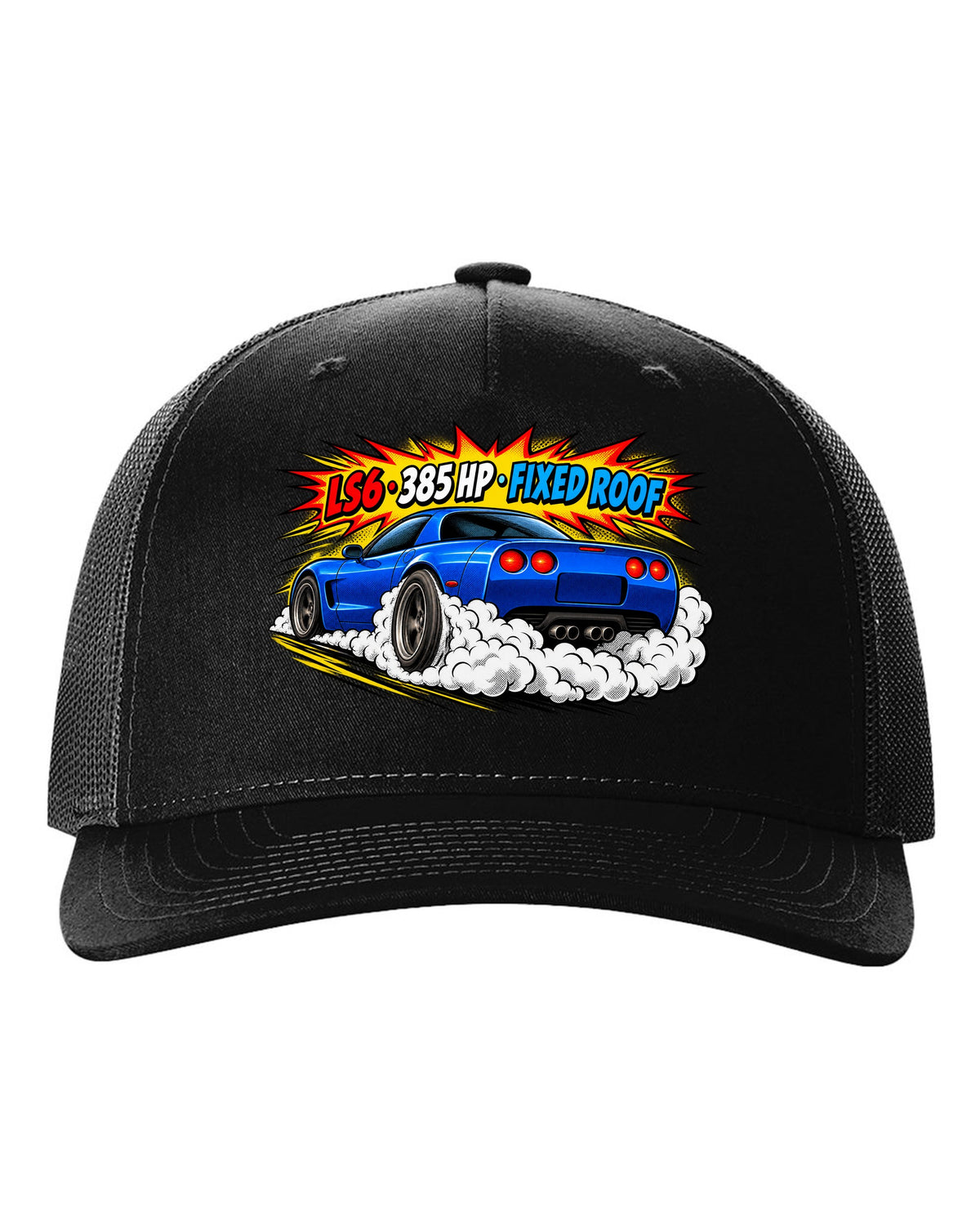 Comic halftone pop-art print of a 2001 Chevrolet Corvette C5 Z06 with LS6 385 HP Fixed Roof text black hat front view with the design