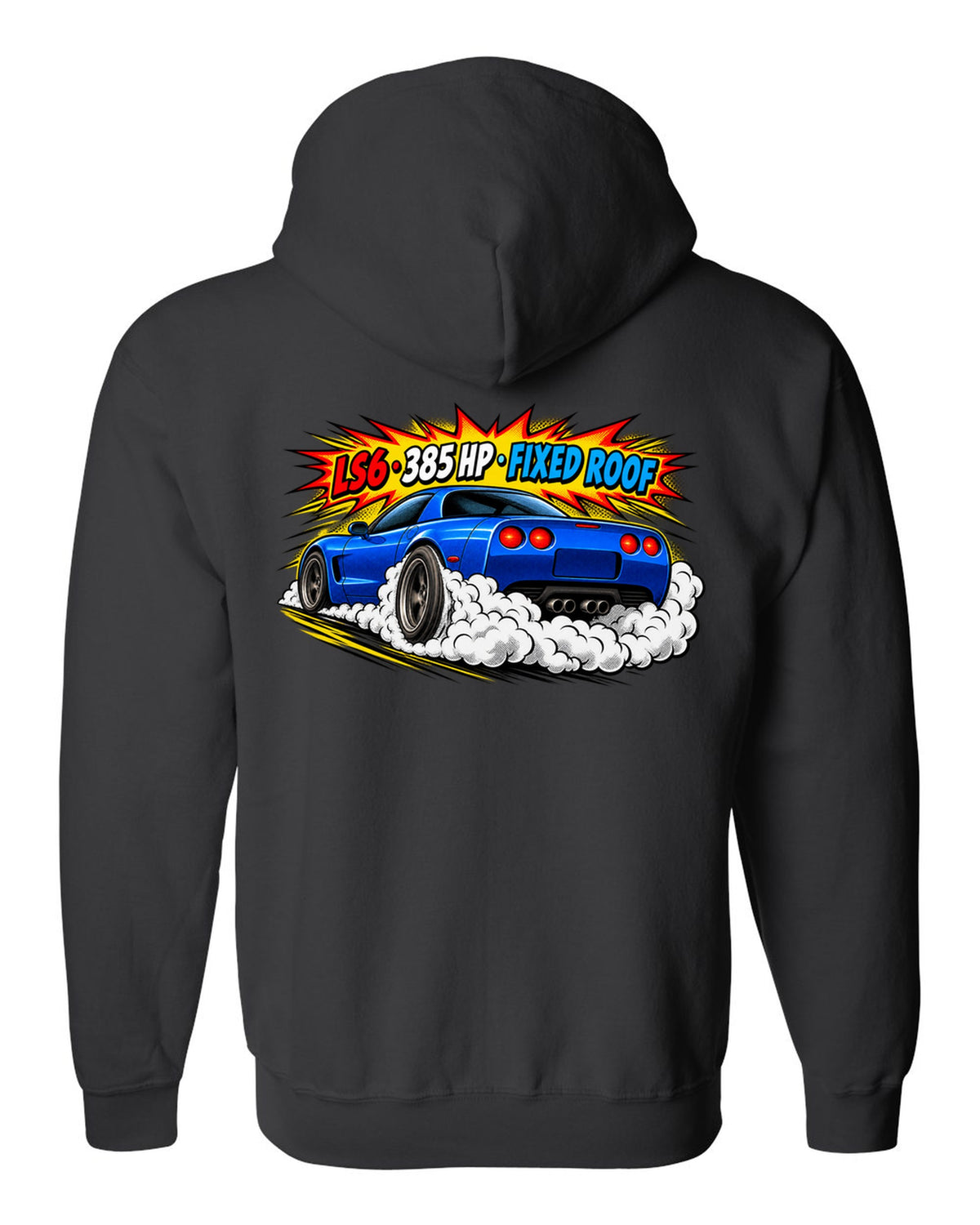 Comic halftone pop-art print of a 2001 Chevrolet Corvette C5 Z06 with LS6 385 HP Fixed Roof text black zip hoodie back view with the design