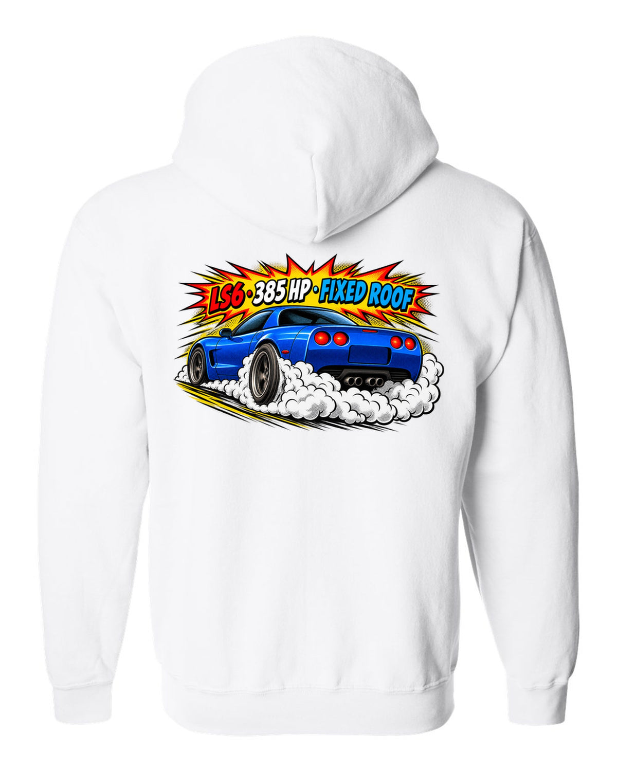 Comic halftone pop-art print of a 2001 Chevrolet Corvette C5 Z06 with LS6 385 HP Fixed Roof text white zip hoodie back view with the design