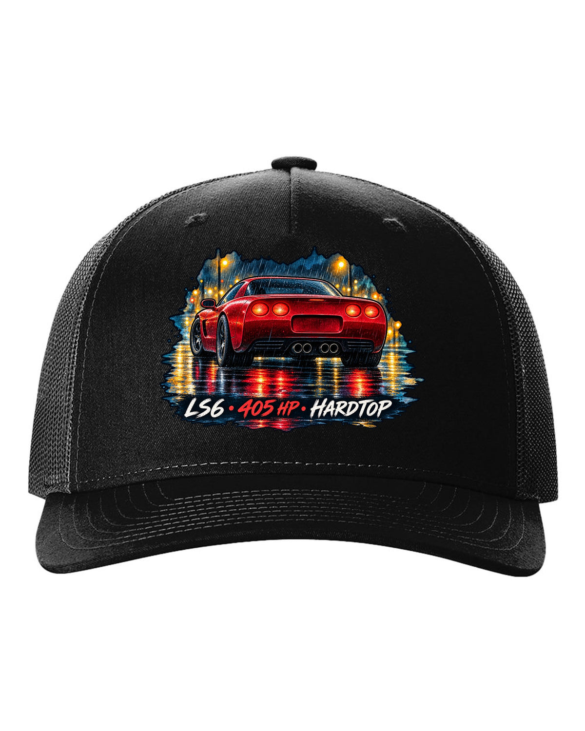 Watercolour wet-road night print of a 2002 Corvette C5 Z06 hardtop with LS6 405 HP lettering black hat front view with the design