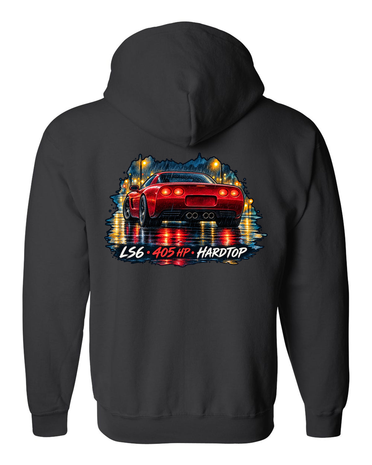 Watercolour wet-road night print of a 2002 Corvette C5 Z06 hardtop with LS6 405 HP lettering black zip hoodie back view with the design