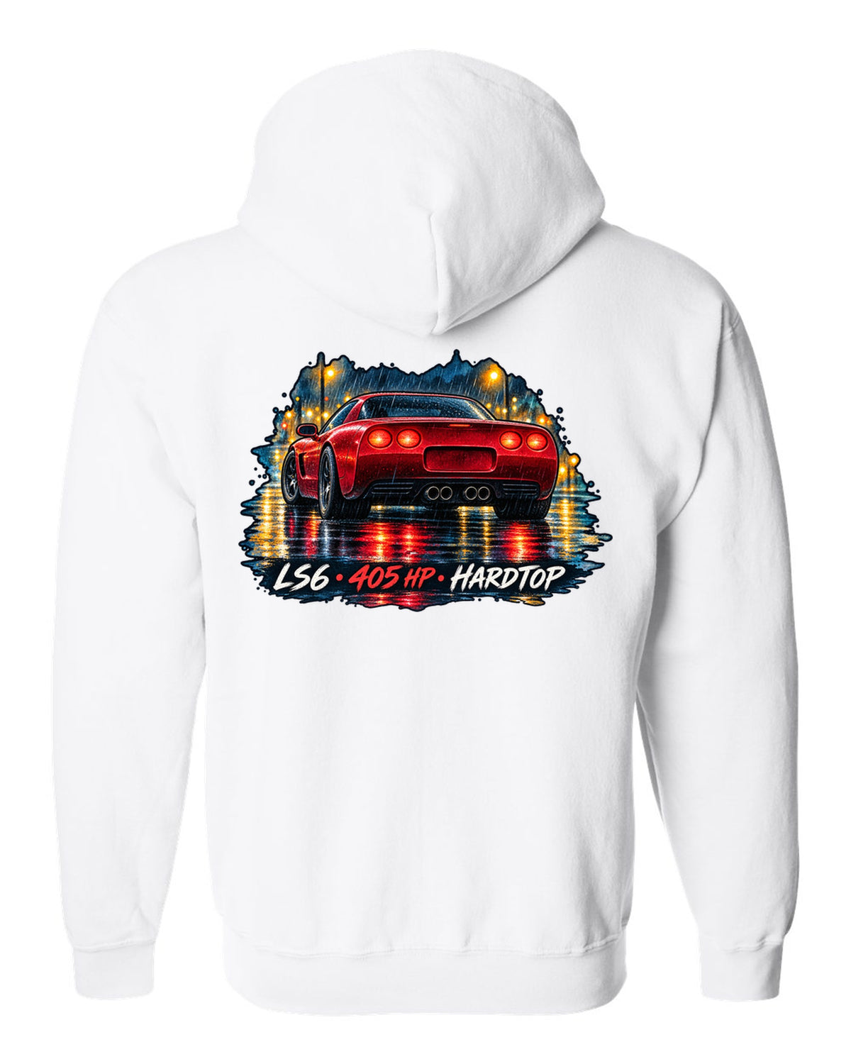 Watercolour wet-road night print of a 2002 Corvette C5 Z06 hardtop with LS6 405 HP lettering white zip hoodie back view with the design