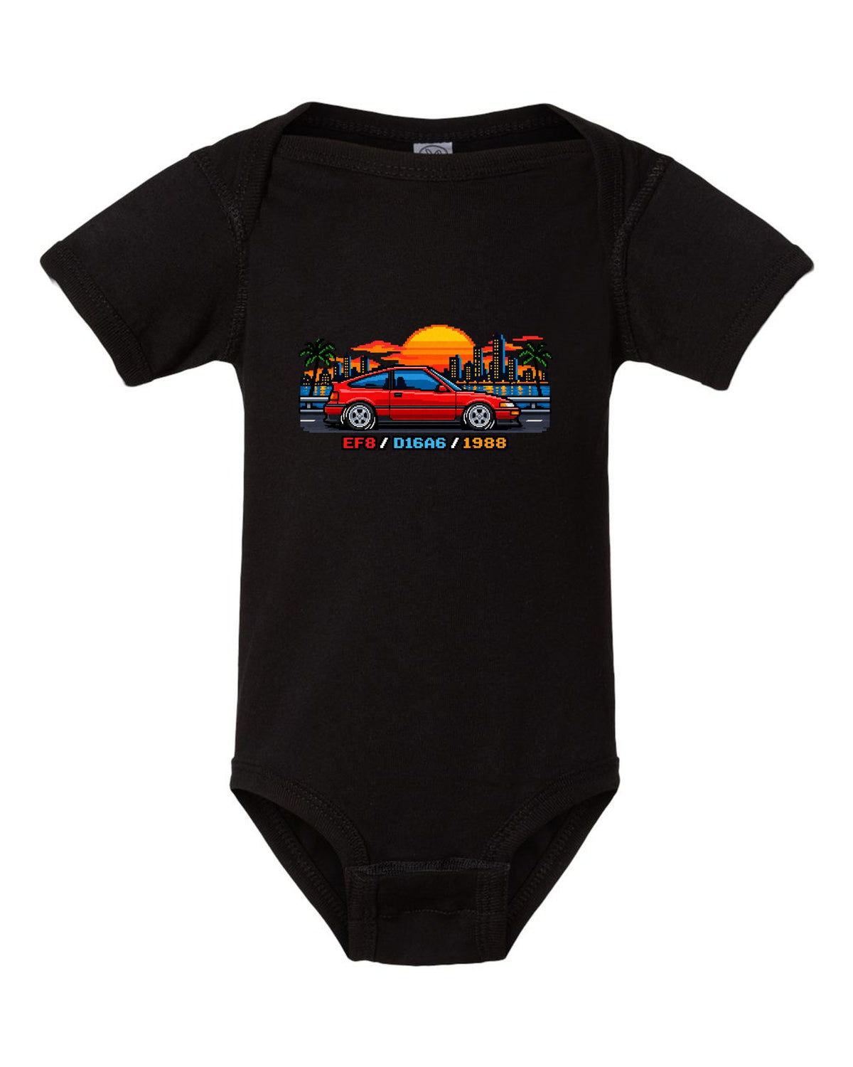 16-bit pixel art Honda CRX EF8 print with D16A6 and 1988 text black baby onesie front view with the design