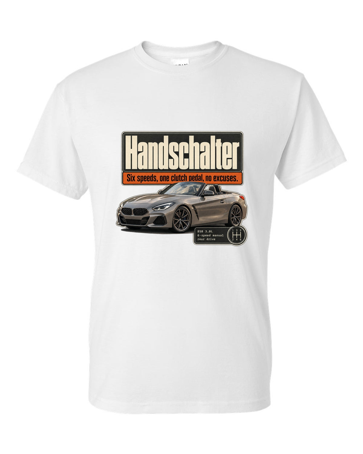 Editorial print for the BMW Z4 M40i six-speed manual labelled Handschalter white t-shirt front view with the design