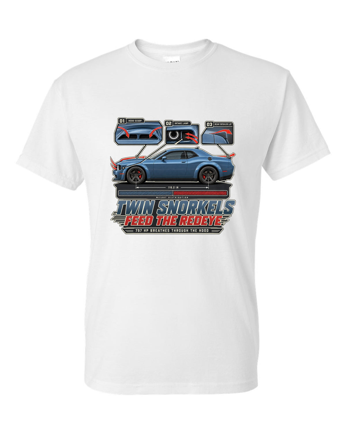 Dodge Challenger Hellcat Redeye Widebody aero callouts showing twin hood snorkels white t-shirt front view with the design