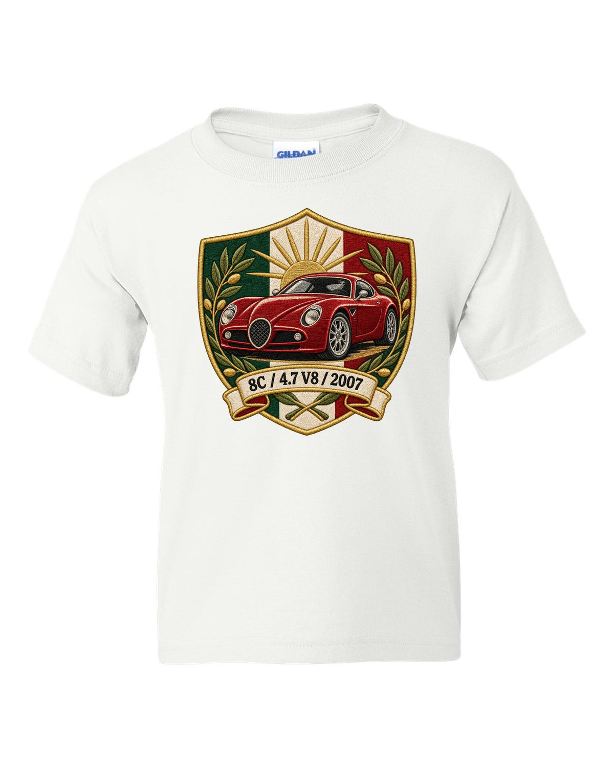 Embroidery style varsity crest for an Alfa Romeo 8C Competizione with 4.7 V8 and 2007 white kids tee front view with the design