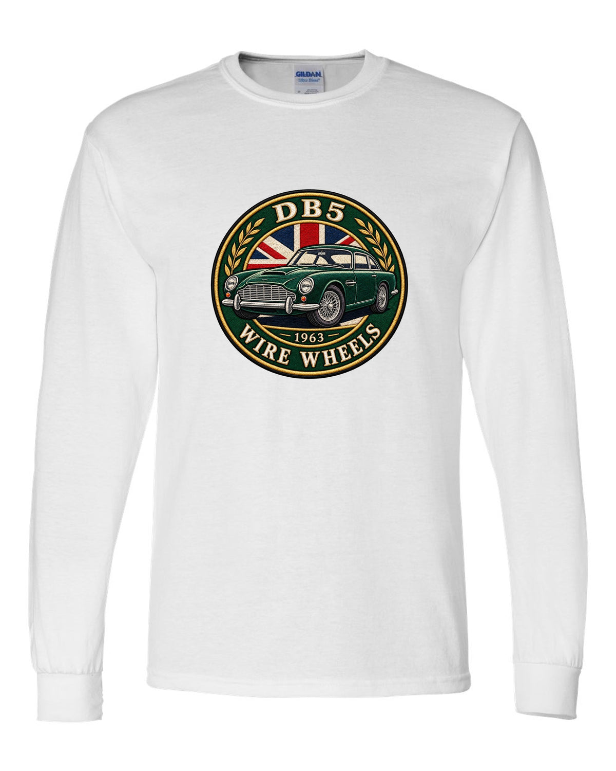 Aston Martin DB5 varsity crest with DB5 1963 WIRE WHEELS lettering white long sleeve front view with the design