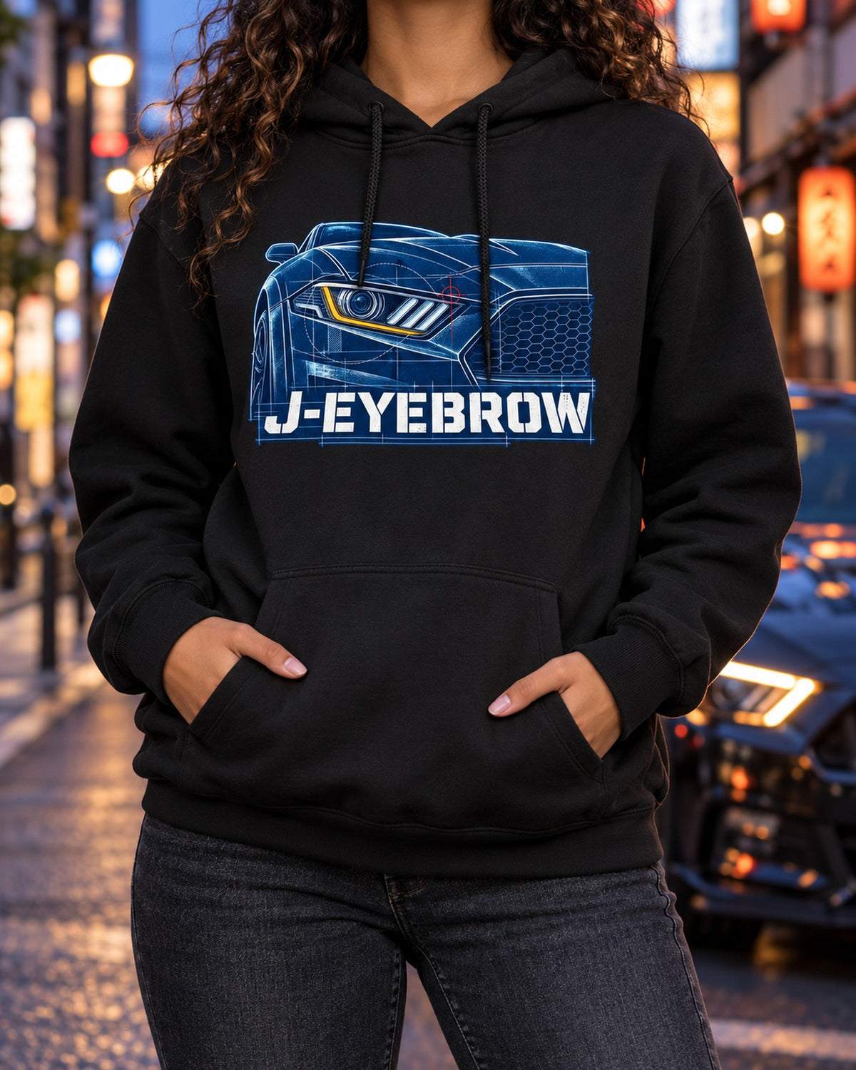 S550 Mustang Fastback J-Eyebrow Cyanotype Blueprint Shirt Pull Over Hoodie Black worn hero