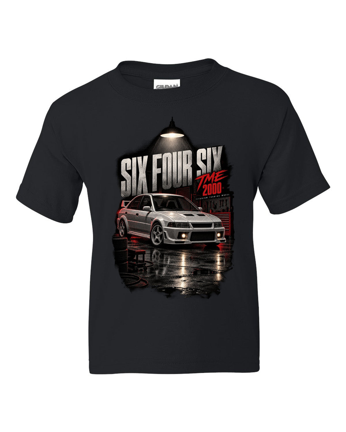 Garage night print for the Mitsubishi Lancer Evolution VI TME CP9A reading Six Four Six, titanium turbine wheel, 2000 black kids tee front view with the design