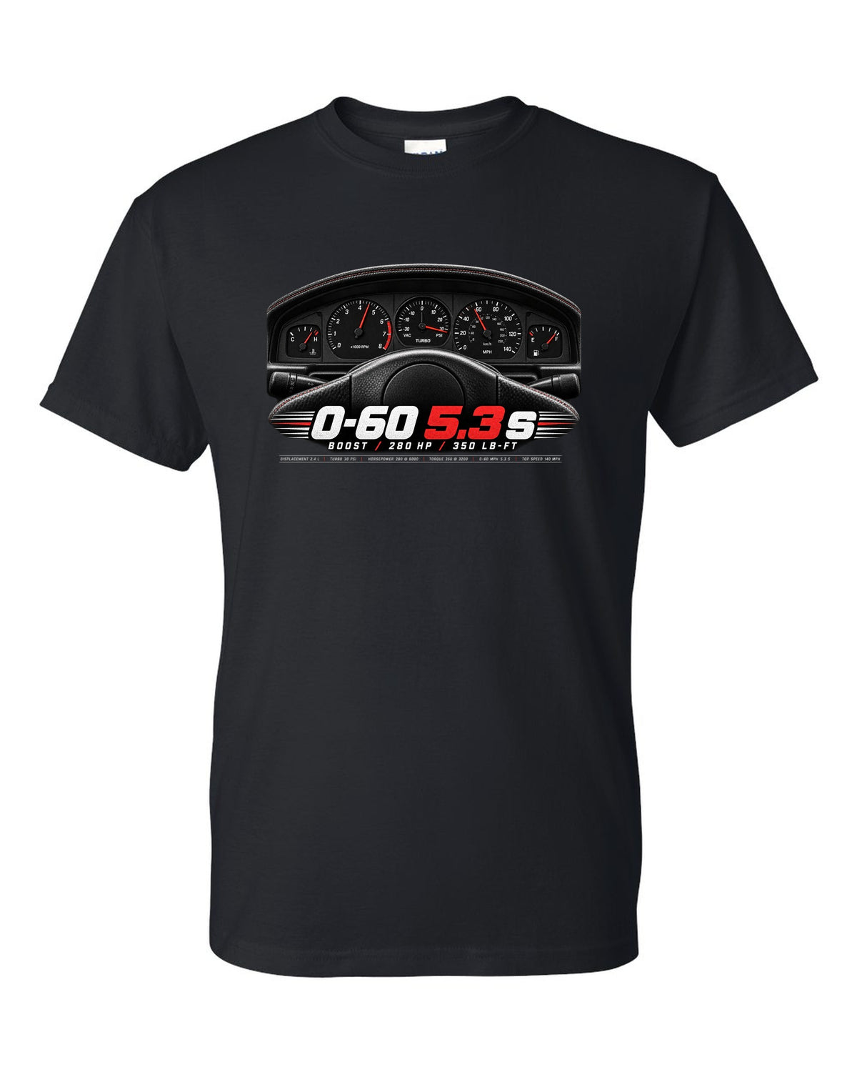 print of a 1991 GMC Syclone gauge cluster crop with boost and speed figures black t-shirt front view with the design