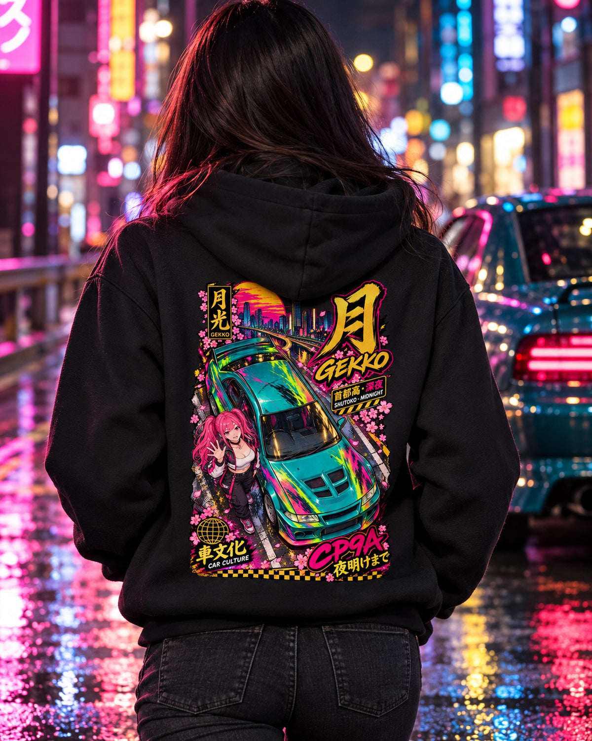 GEKKO CP9A Anime Girl Full-Back Graphic Tee Pull Over Hoodie Black worn hero