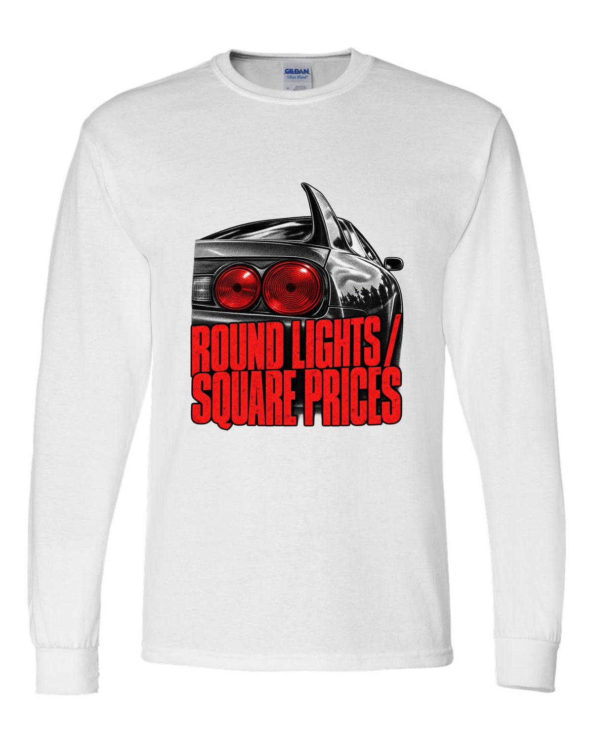 print of a Toyota Supra A80 JZA80 round taillight close-up with the text Round Lights Square Prices white long sleeve front view with the design