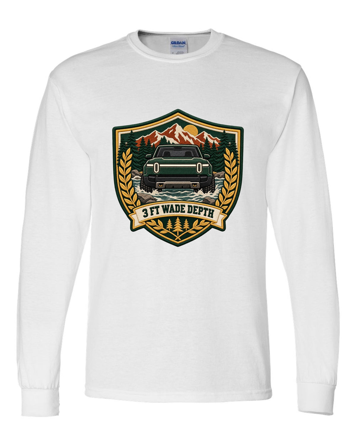 Rivian R1T varsity shield crest print with the text 3 ft wade depth white long sleeve front view with the design