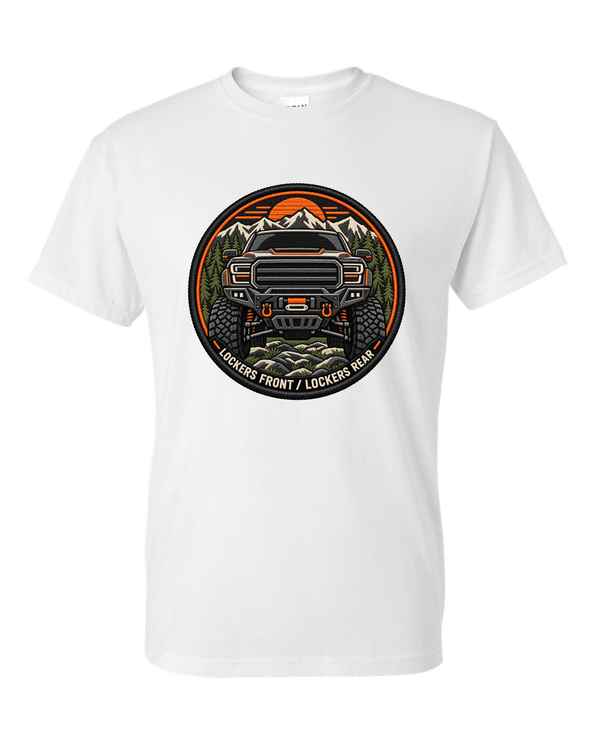 Embroidery-style patch print of a Ram 2500 Power Wagon grille with locker text white t-shirt front view with the design