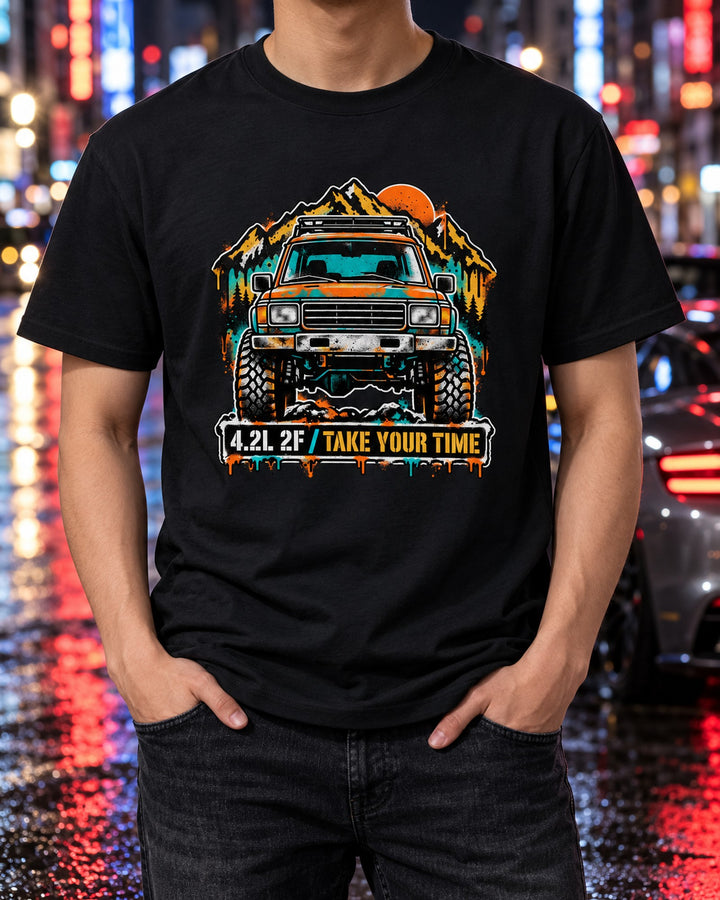 Toyota Land Cruiser FJ60 Stencil Street Art Tee, 4.2L 2F T-Shirt Black worn hero