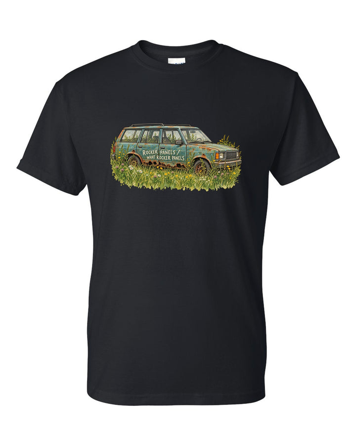 Watercolour print of a Jeep Cherokee XJ in a meadow with a rocker panel joke black t-shirt front view with the design