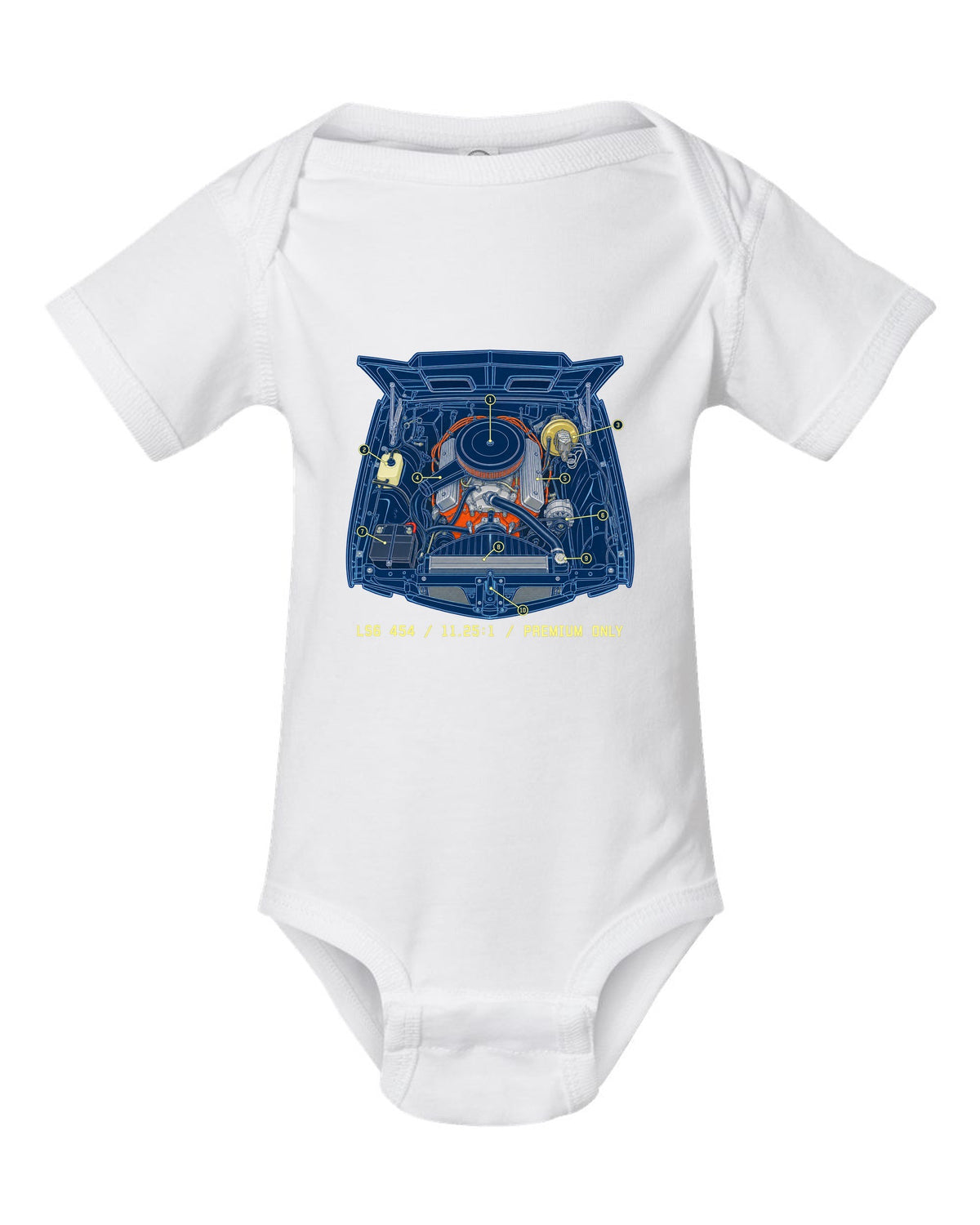 Blueprint line art print of a 1970 Chevelle SS 454 engine bay with the text LS6 454, 11.25:1, Premium Only white baby onesie front view with the design