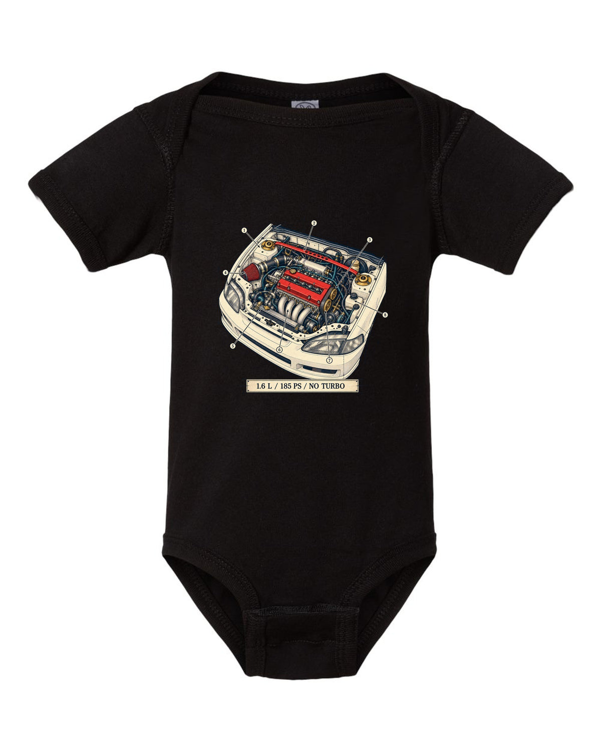 Patent drawing line art of the Honda Civic Type R EK9 with B16B spec text black baby onesie front view with the design