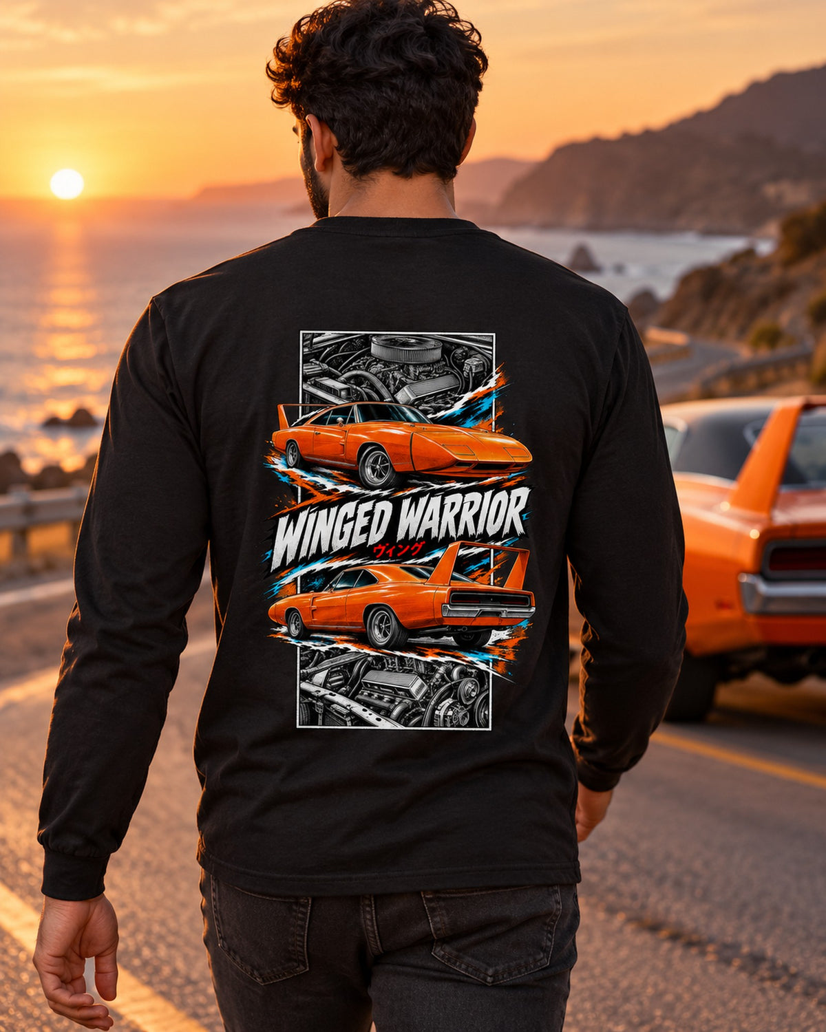 Dodge Charger Daytona Torn Poster Full-Back Graphic Tee Long Sleeve Black worn hero