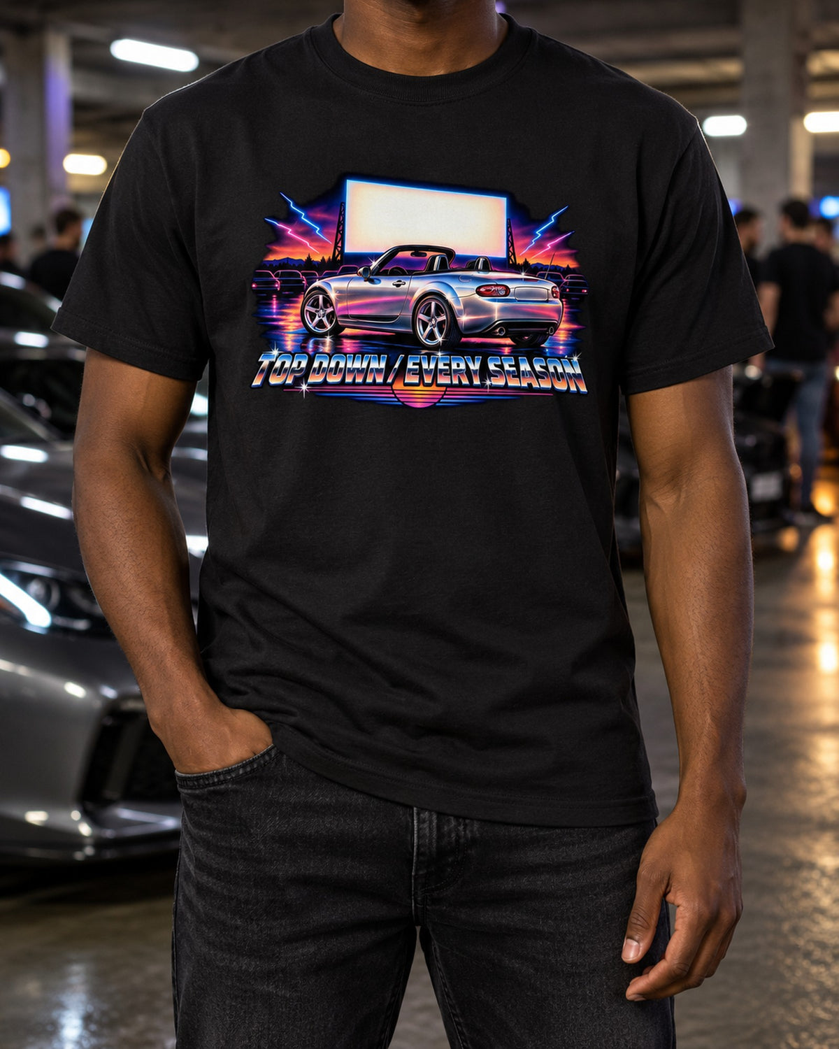 Mazda MX-5 NC Chrome Airbrush Shirt, Top Down Car Gift T-Shirt Black worn hero