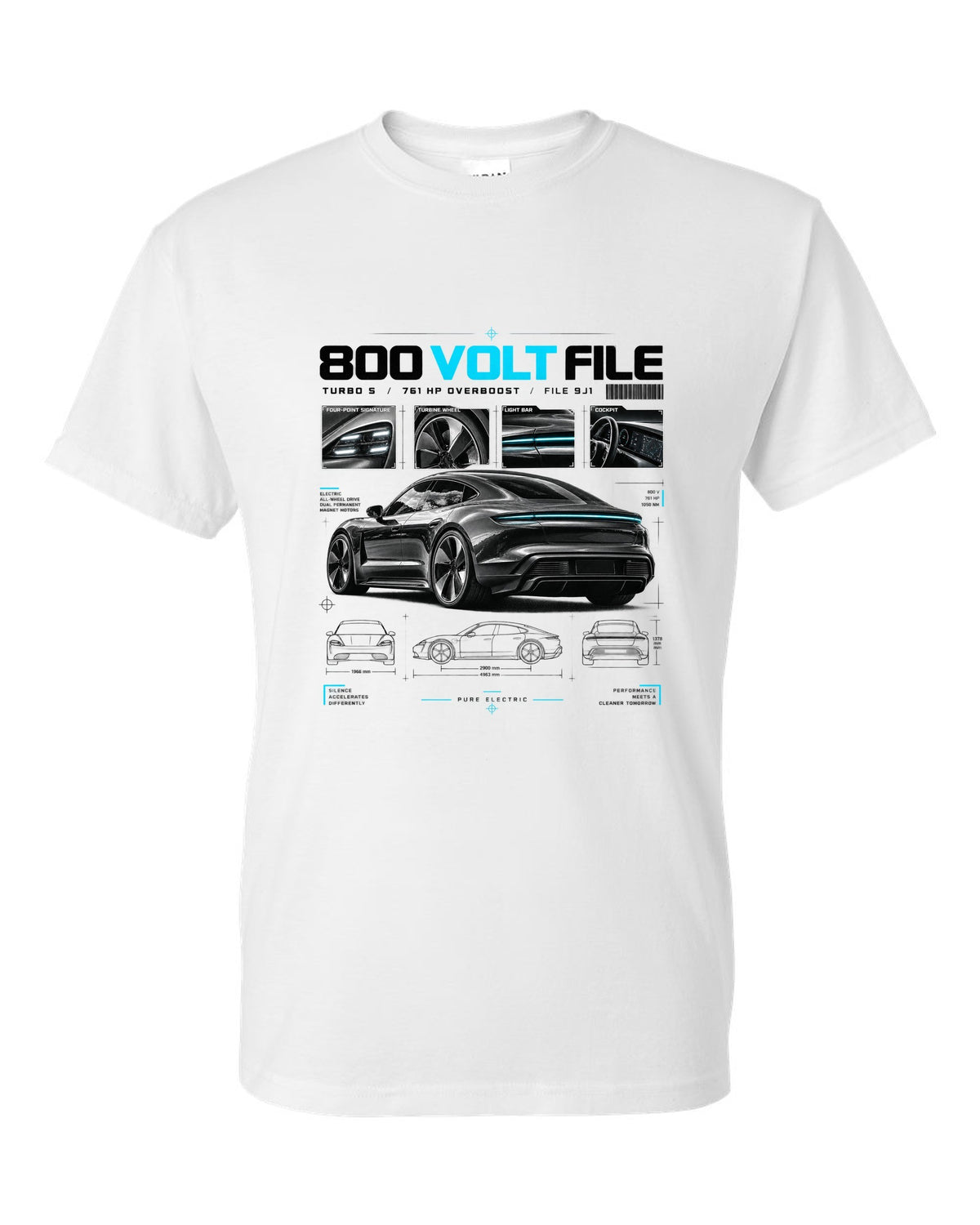 Dossier panel print of a 2020 Porsche Taycan Turbo S 9J1 with turbine wheel and light bar white t-shirt front view with the design